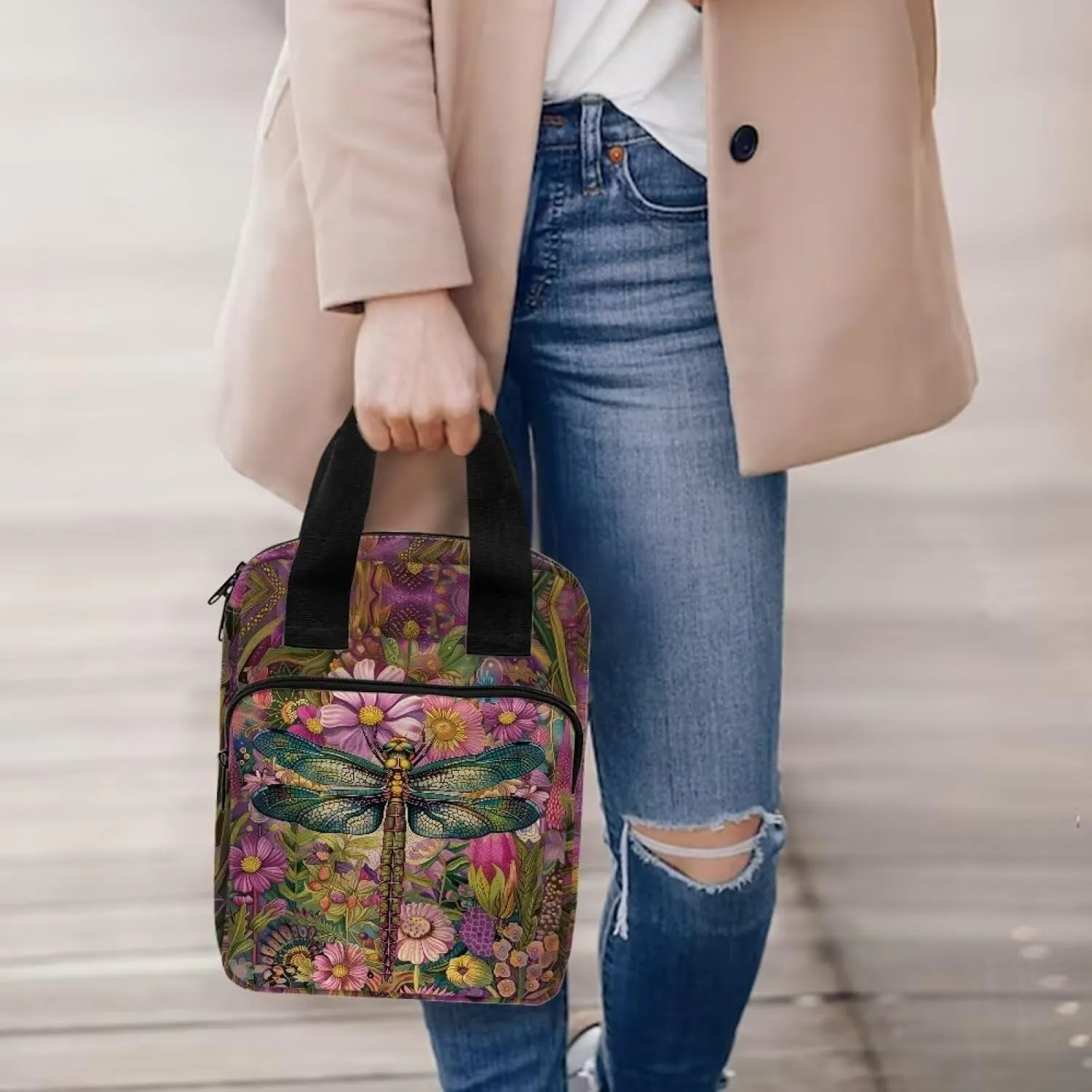Dragonfly Flower Bible Cover for Women Large Bible Case with Front Zip Pocket Womens Bible Holder Lightweight Tote Bible Bag for Traveling, Hiking