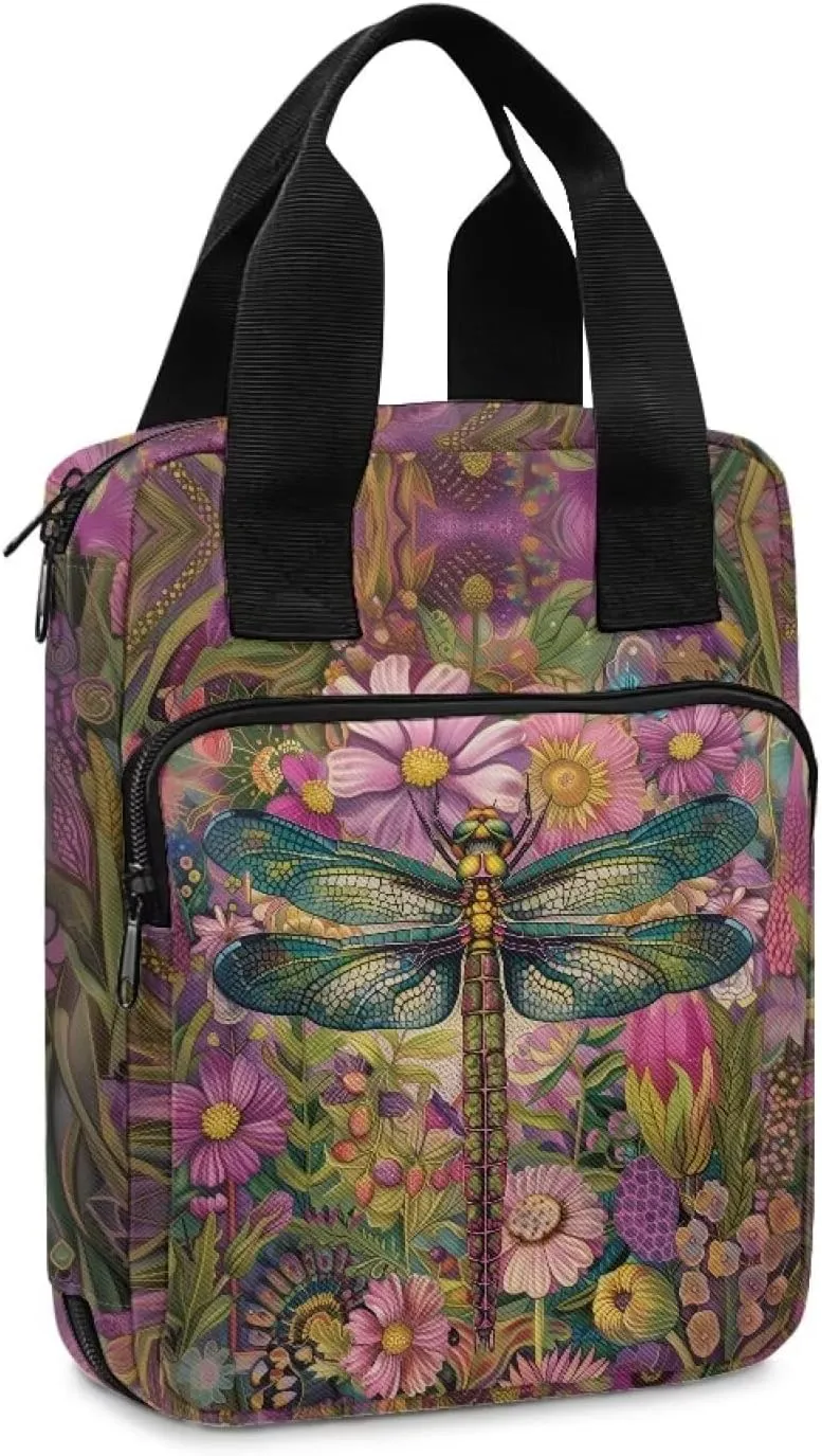 Dragonfly Flower Bible Cover for Women Large Bible Case with Front Zip Pocket Womens Bible Holder Lightweight Tote Bible Bag for Traveling, Hiking