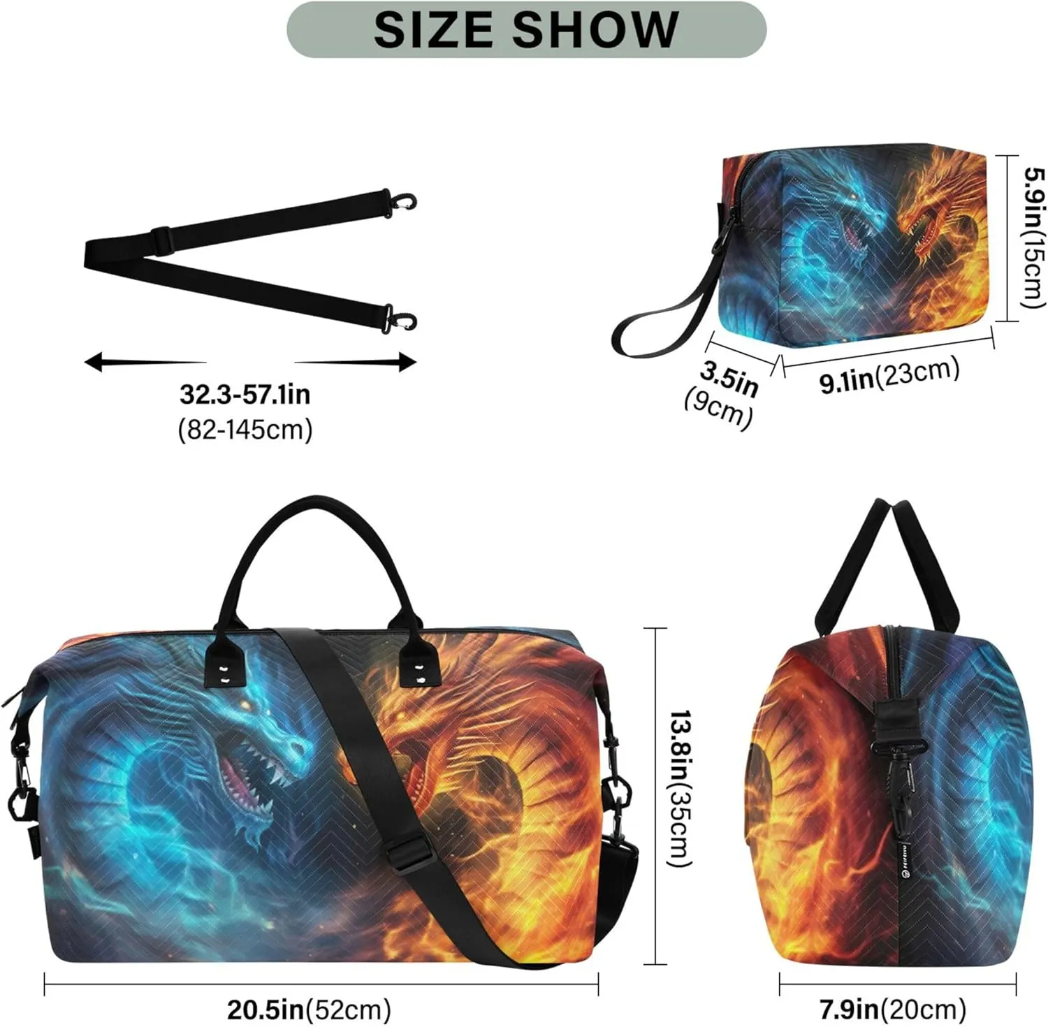 Dragons Fighting Flames Duffle Travel Bags Toiletry Pouches Set of 2, Cartoon Women Garment Duffel Bag Carry on Tote