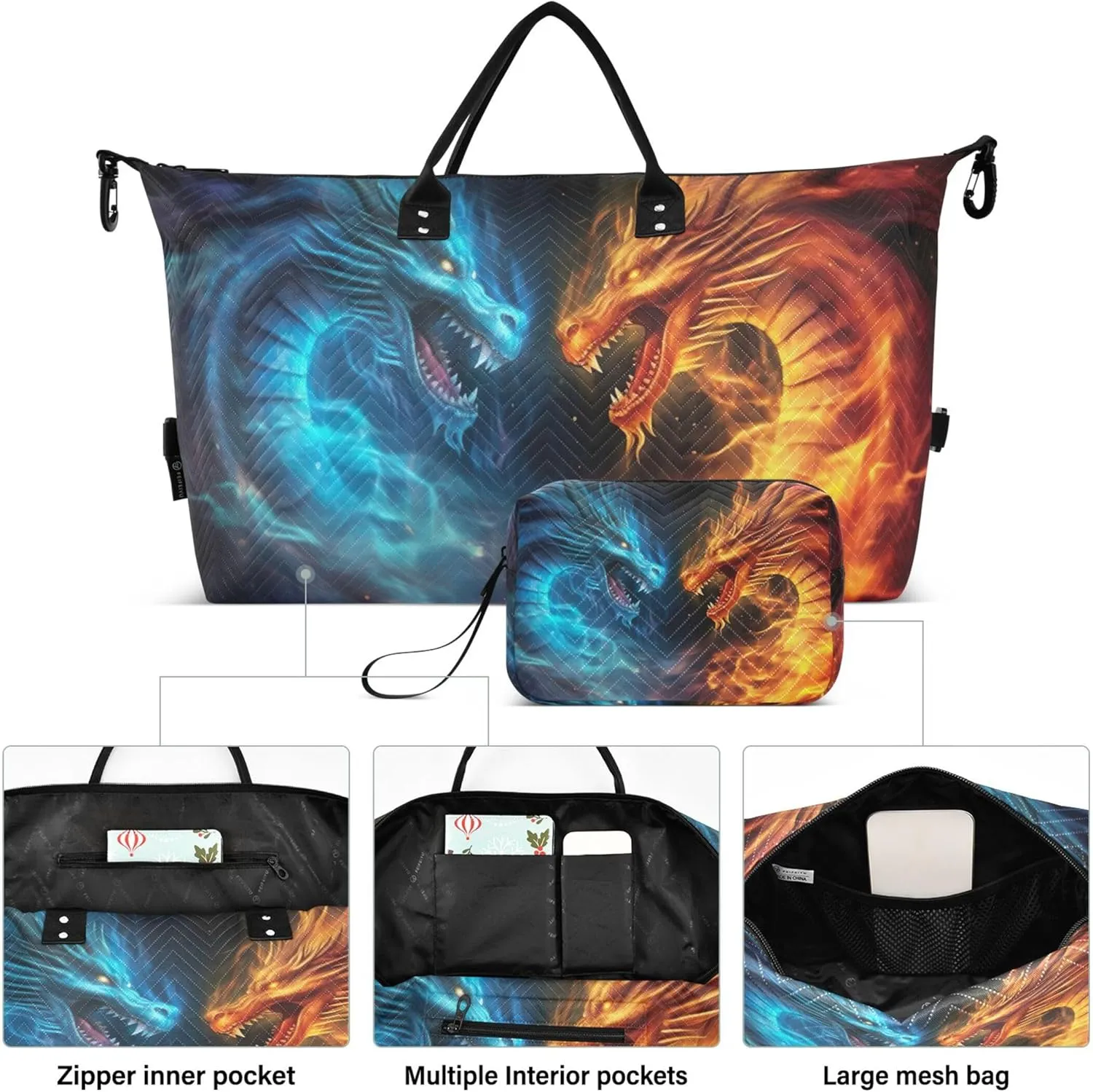 Dragons Fighting Flames Duffle Travel Bags Toiletry Pouches Set of 2, Cartoon Women Garment Duffel Bag Carry on Tote