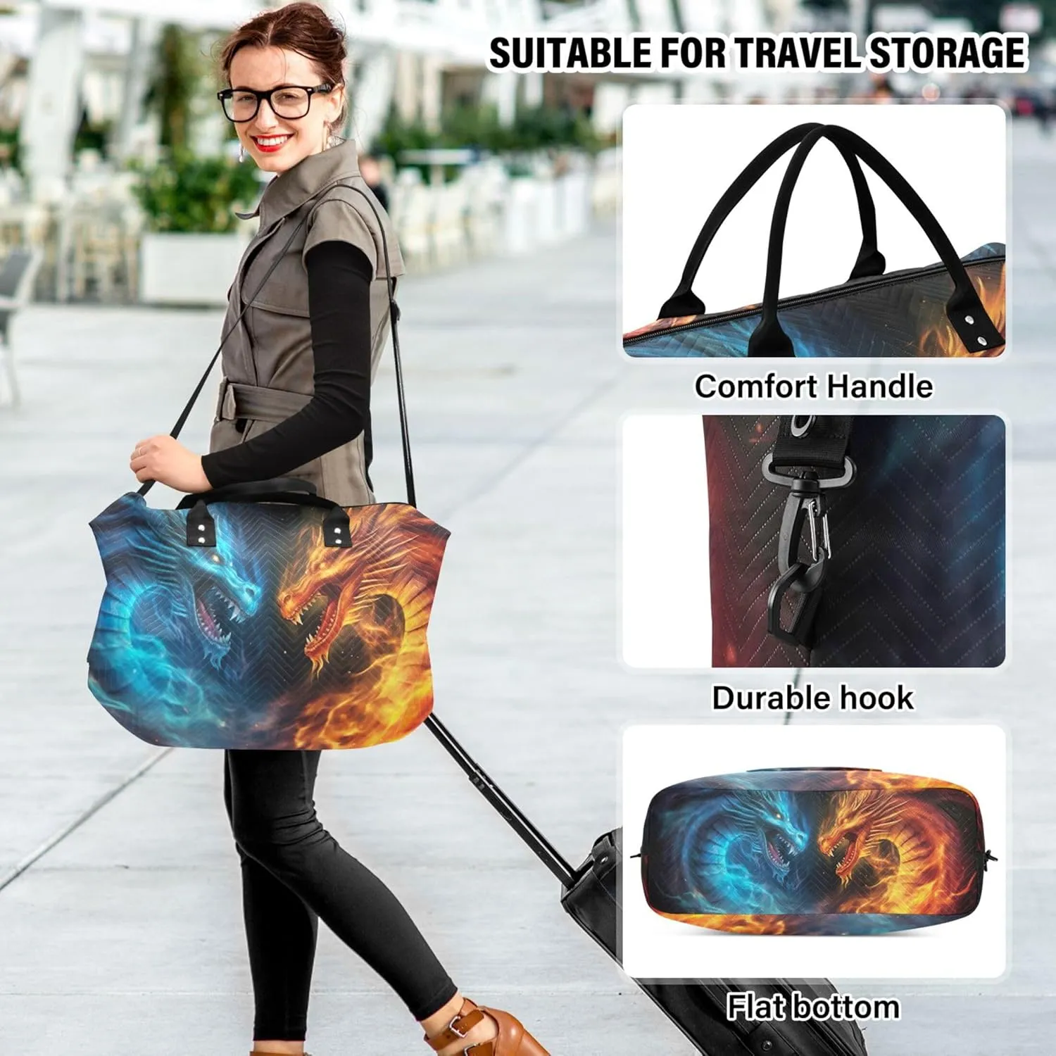 Dragons Fighting Flames Duffle Travel Bags Toiletry Pouches Set of 2, Cartoon Women Garment Duffel Bag Carry on Tote
