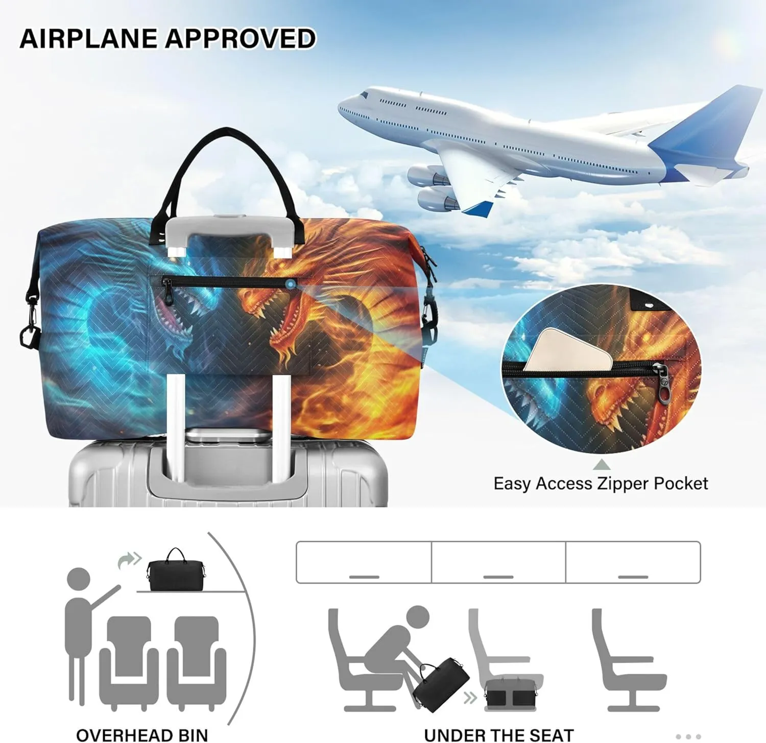 Dragons Fighting Flames Duffle Travel Bags Toiletry Pouches Set of 2, Cartoon Women Garment Duffel Bag Carry on Tote