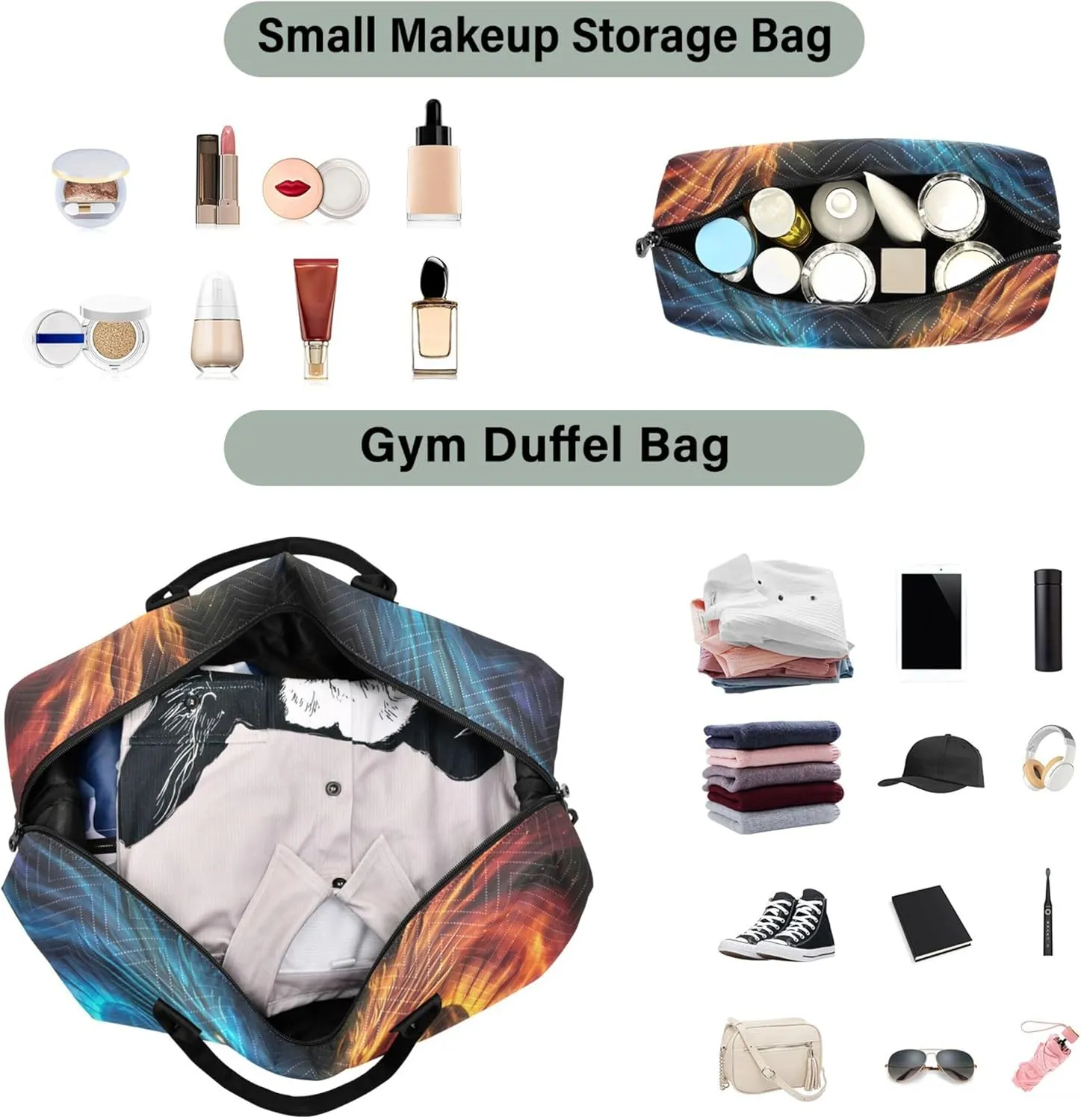 Dragons Fighting Flames Duffle Travel Bags Toiletry Pouches Set of 2, Cartoon Women Garment Duffel Bag Carry on Tote