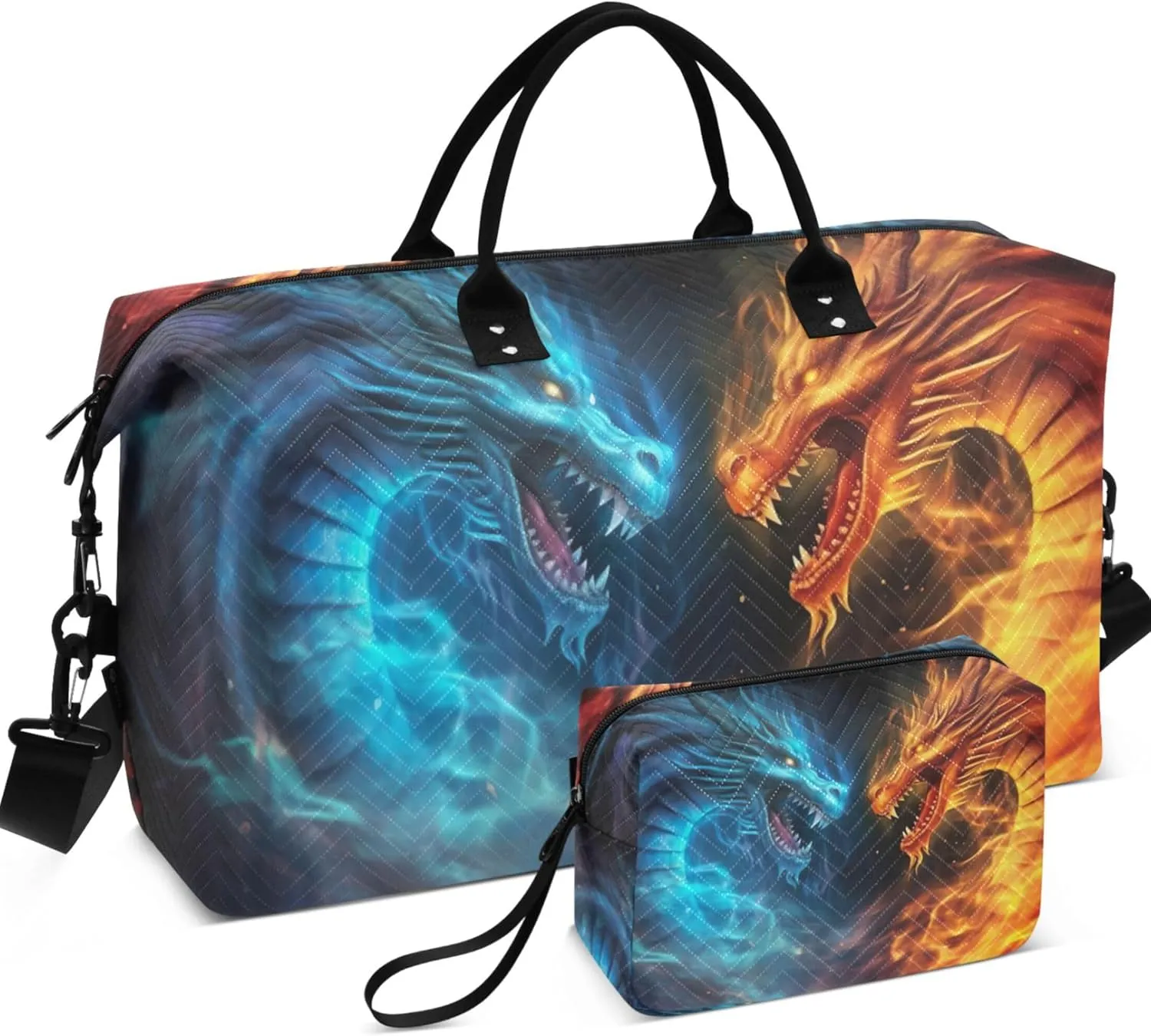 Dragons Fighting Flames Duffle Travel Bags Toiletry Pouches Set of 2, Cartoon Women Garment Duffel Bag Carry on Tote