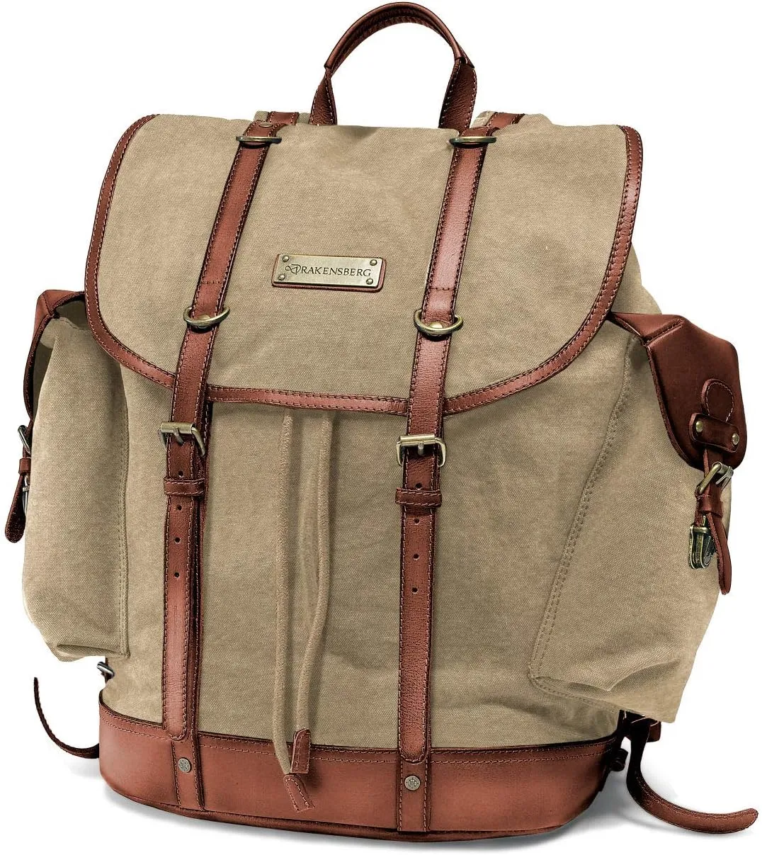 DRAKENSBERG Backpack 'Henry' - classic hiking und hunting rucksack in authentic retro vintage design, ladies, men, sustainably handmade, 30L, canvas, leather, khaki-beige, DR00117
