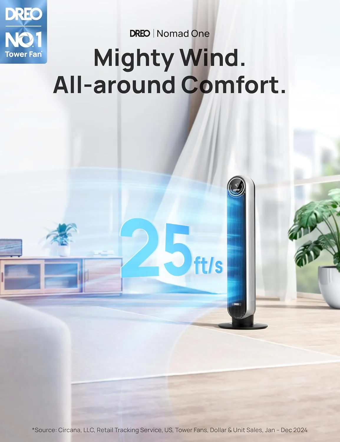 Dreo Tower Fan for Bedroom, 25ft/s Velocity Quiet Floor Fan, 90° Oscillating Fans for Indoors with 4 Speeds, 4 Modes, 8H Timer, Standing Fans, Bladeless Fan, Silver, Nomad One (DR-HTF007)