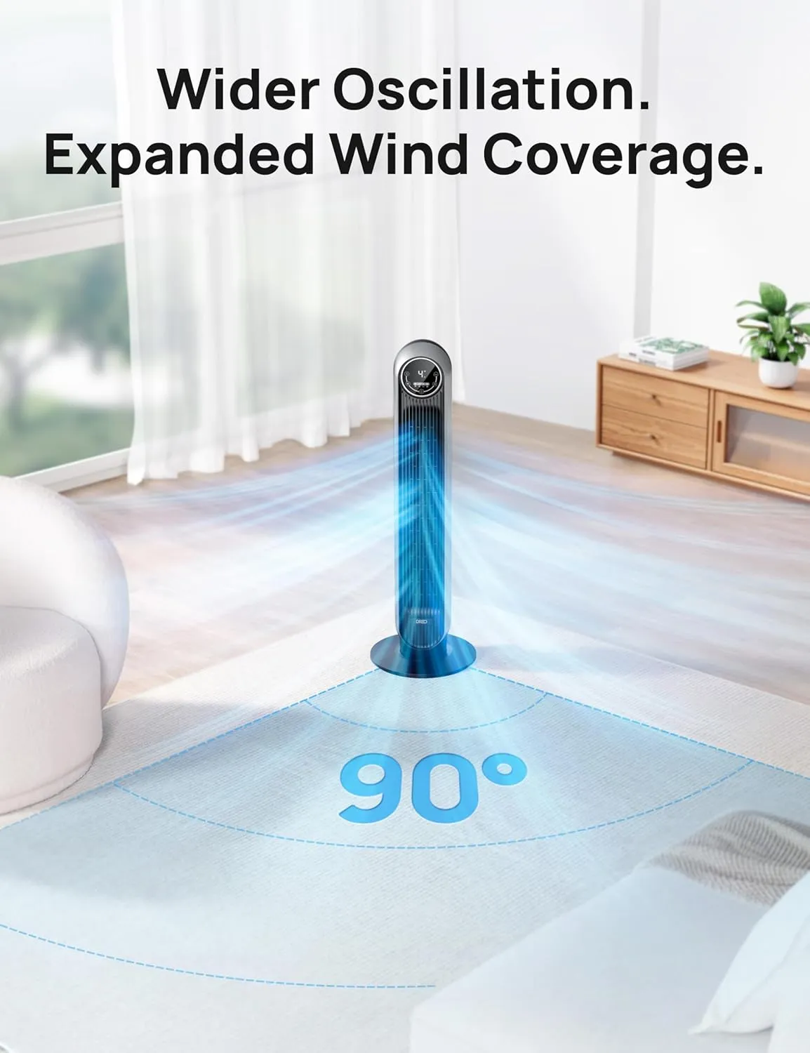 Dreo Tower Fan for Bedroom, 25ft/s Velocity Quiet Floor Fan, 90° Oscillating Fans for Indoors with 4 Speeds, 4 Modes, 8H Timer, Standing Fans, Bladeless Fan, Silver, Nomad One (DR-HTF007)