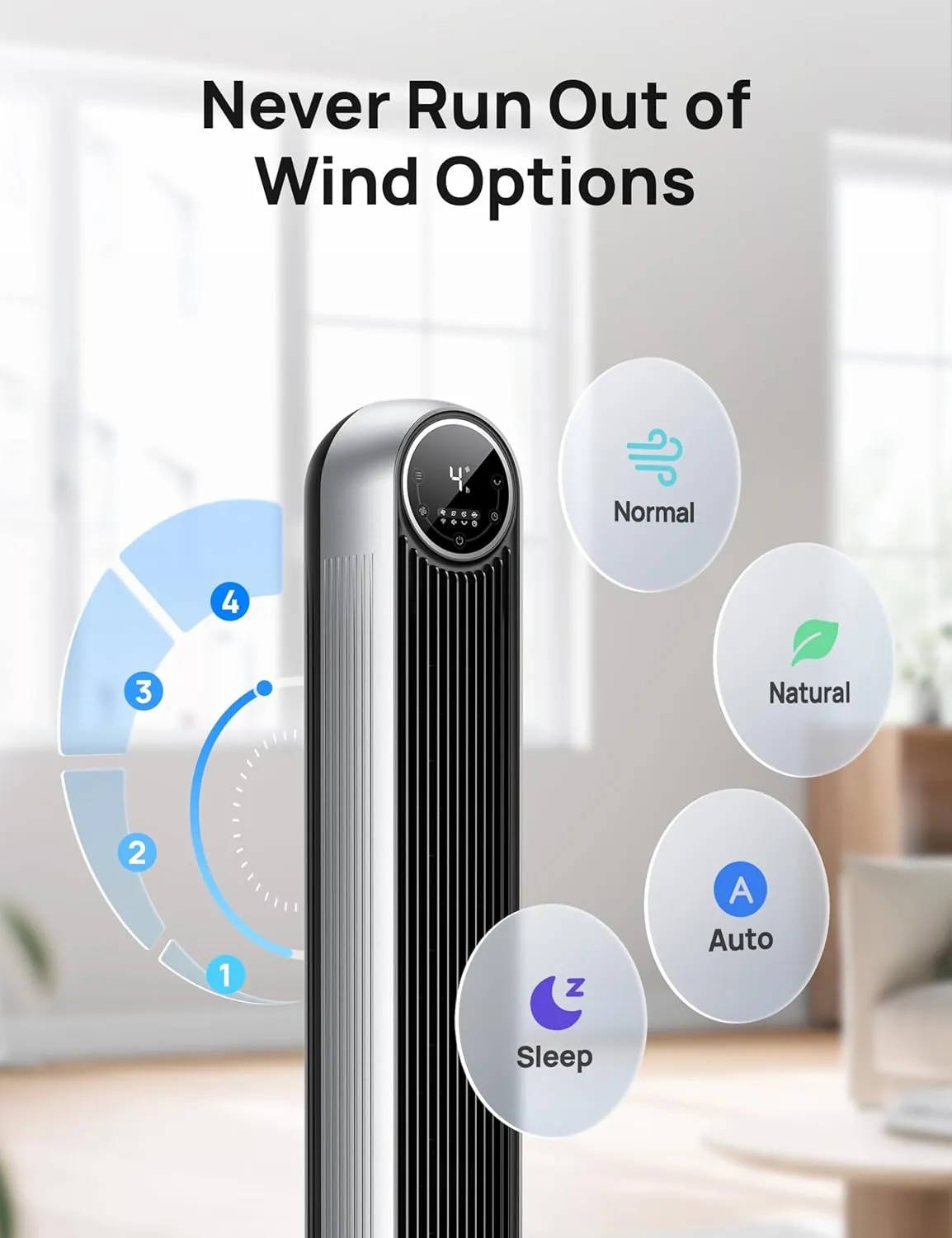 Dreo Tower Fan for Bedroom, 25ft/s Velocity Quiet Floor Fan, 90° Oscillating Fans for Indoors with 4 Speeds, 4 Modes, 8H Timer, Standing Fans, Bladeless Fan, Silver, Nomad One (DR-HTF007)