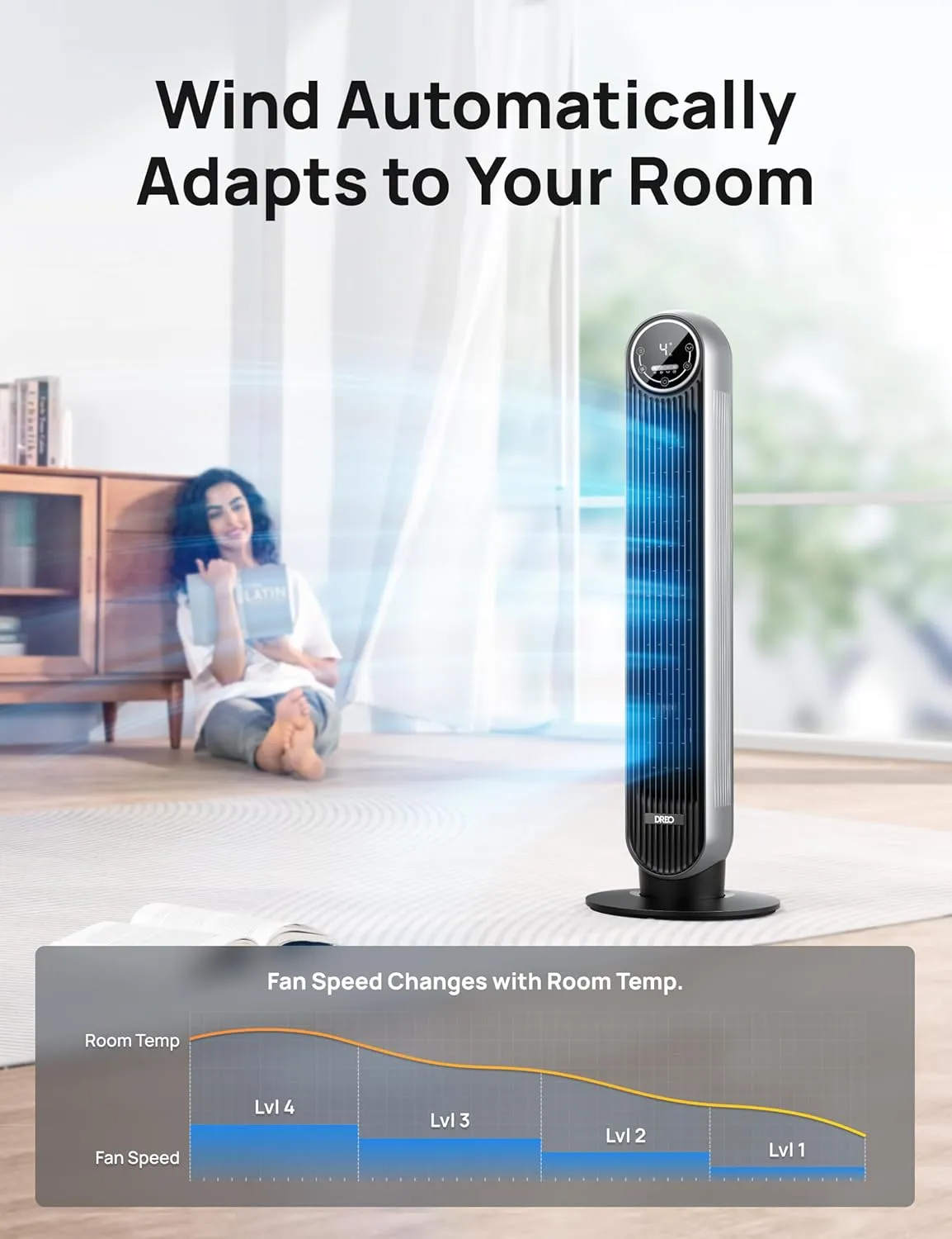 Dreo Tower Fan for Bedroom, 25ft/s Velocity Quiet Floor Fan, 90° Oscillating Fans for Indoors with 4 Speeds, 4 Modes, 8H Timer, Standing Fans, Bladeless Fan, Silver, Nomad One (DR-HTF007)