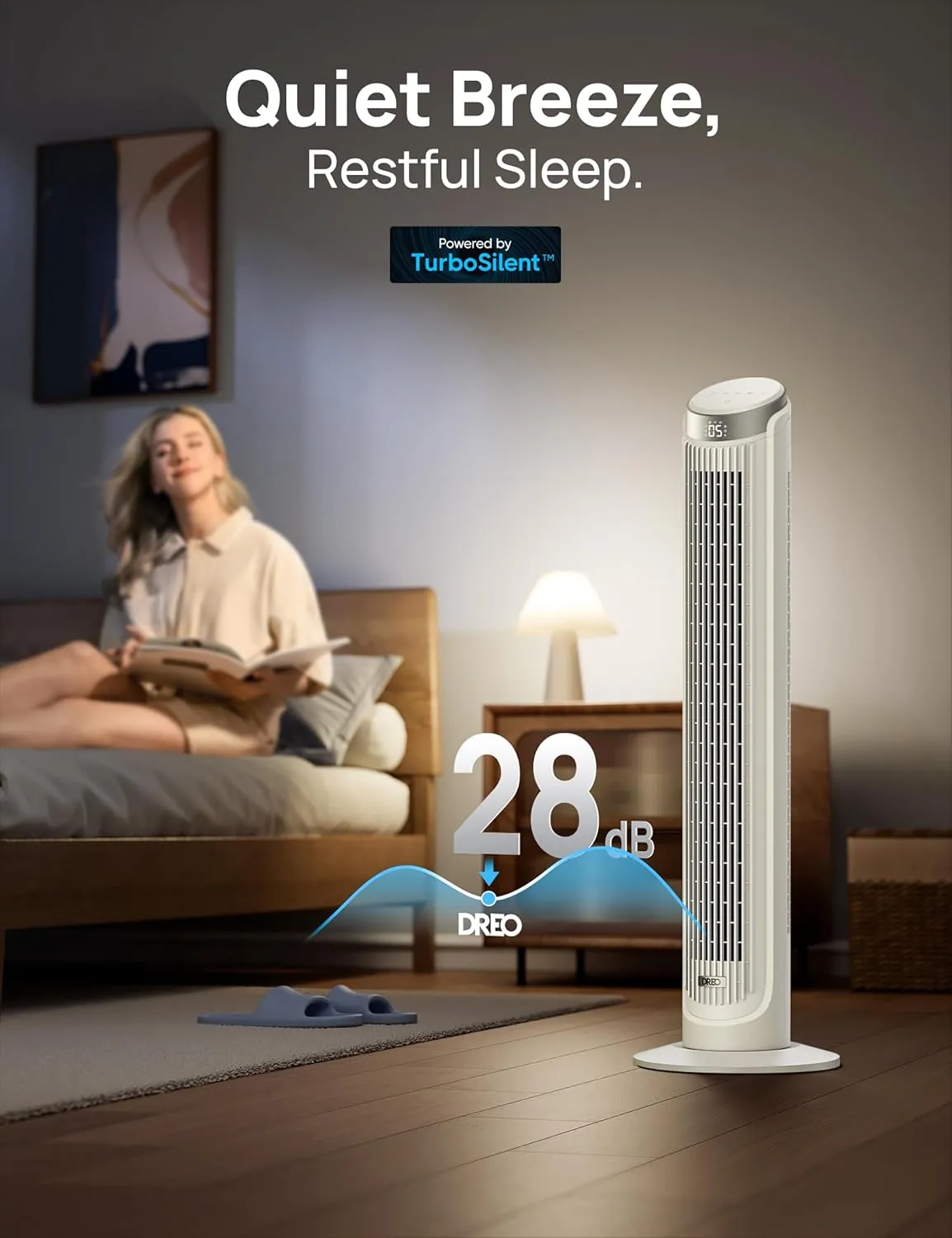 Dreo Tower Fans for Bedroom, 90°Oscillating Fans for indoors,5 Speeds 4 Modes Max 26ft/s, 12H Timer, LED Display with Touch, Remote, 40" Quiet Bladeless Standing Floor Fan for Home Office, White