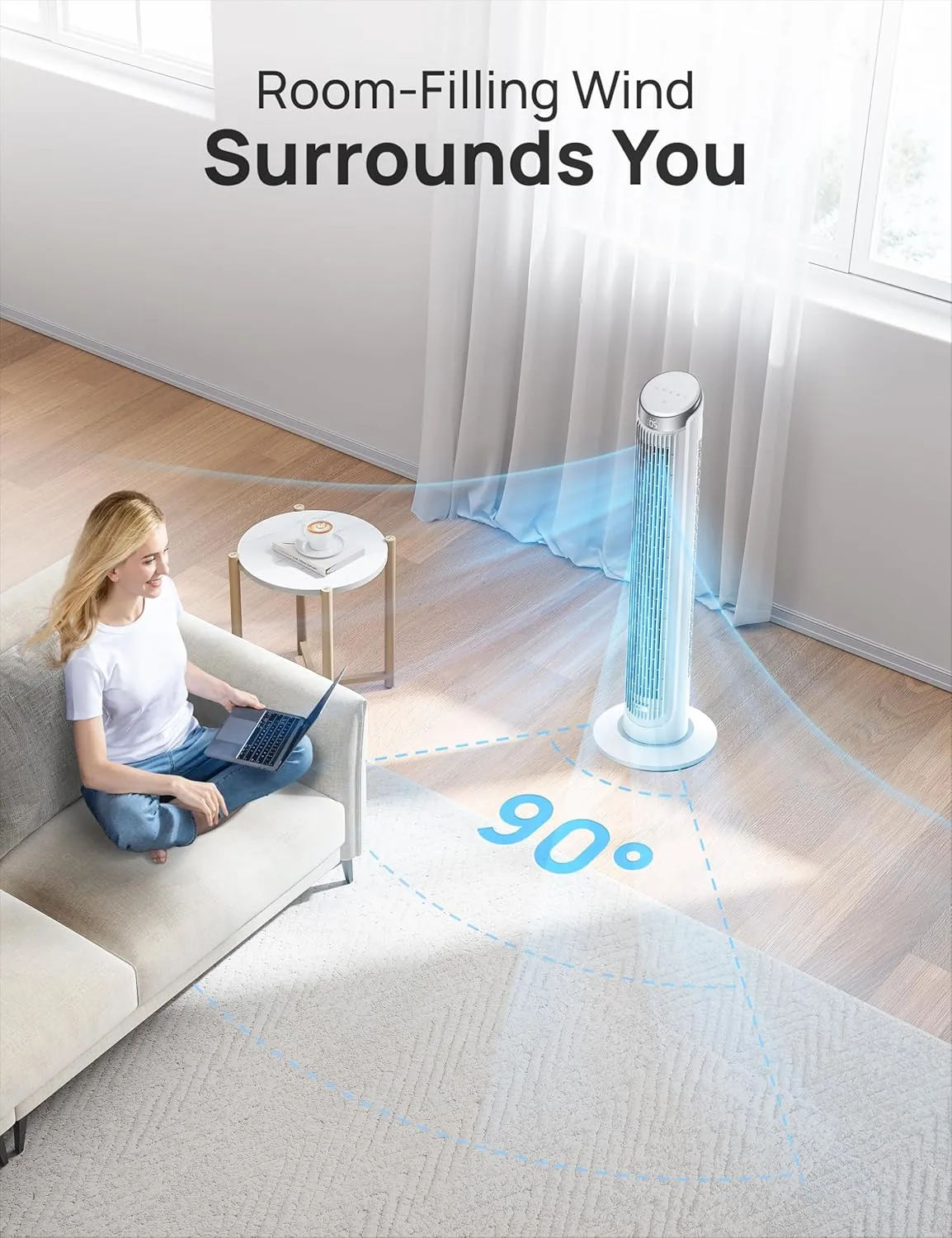Dreo Tower Fans for Bedroom, 90°Oscillating Fans for indoors,5 Speeds 4 Modes Max 26ft/s, 12H Timer, LED Display with Touch, Remote, 40" Quiet Bladeless Standing Floor Fan for Home Office, White