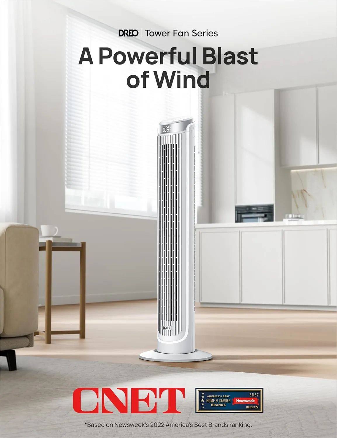 Dreo Tower Fans for Bedroom, 90°Oscillating Fans for indoors,5 Speeds 4 Modes Max 26ft/s, 12H Timer, LED Display with Touch, Remote, 40" Quiet Bladeless Standing Floor Fan for Home Office, White