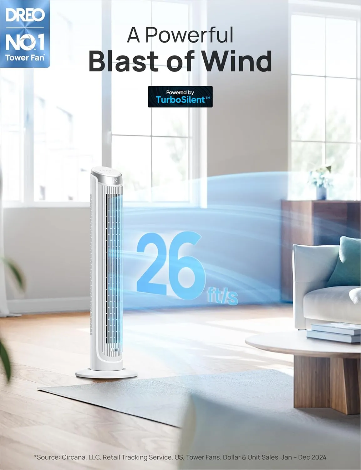 Dreo Tower Fans for Bedroom, 90°Oscillating Fans for indoors,5 Speeds 4 Modes Max 26ft/s, 12H Timer, LED Display with Touch, Remote, 40" Quiet Bladeless Standing Floor Fan for Home Office, White