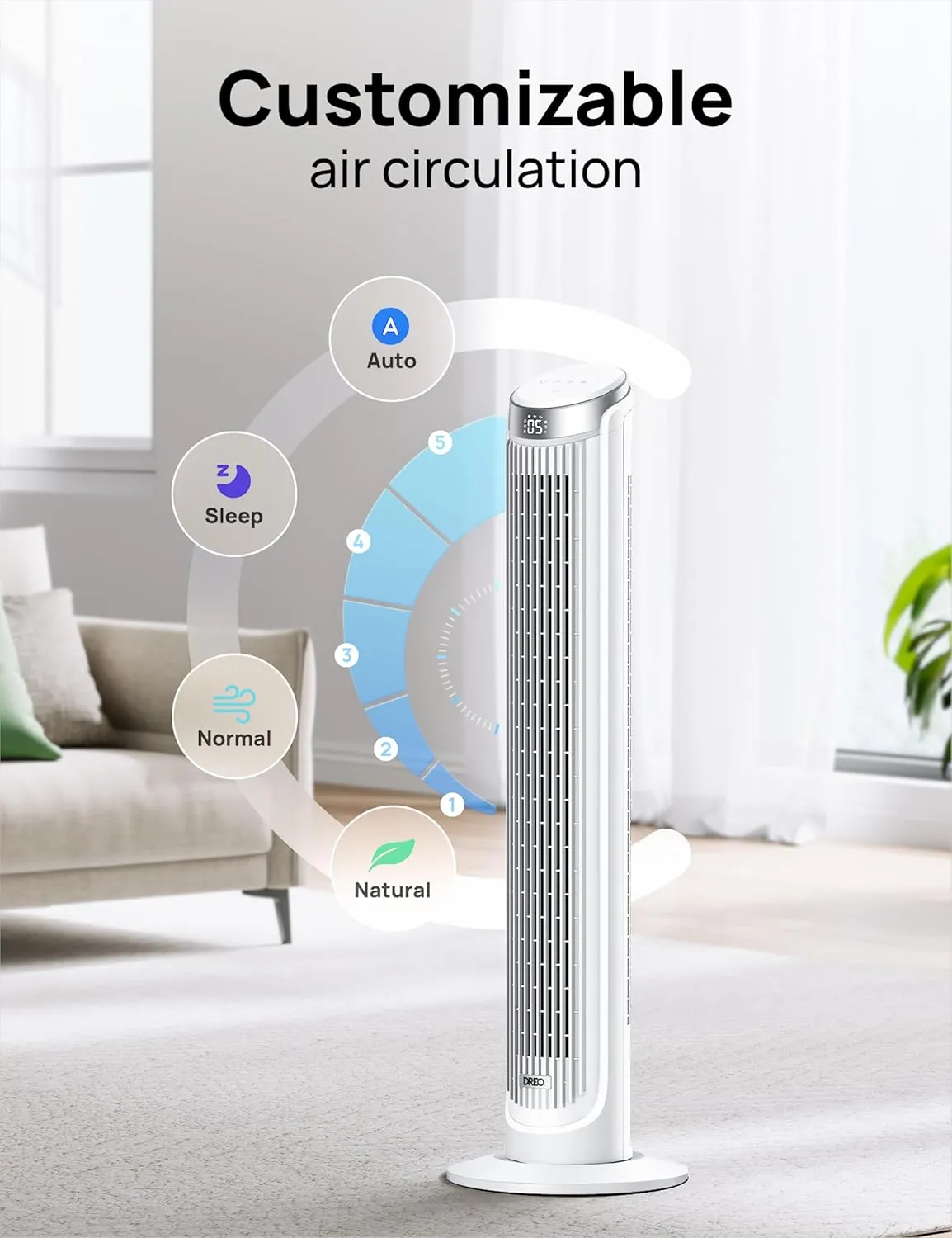 Dreo Tower Fans for Bedroom, 90°Oscillating Fans for indoors,5 Speeds 4 Modes Max 26ft/s, 12H Timer, LED Display with Touch, Remote, 40" Quiet Bladeless Standing Floor Fan for Home Office, White