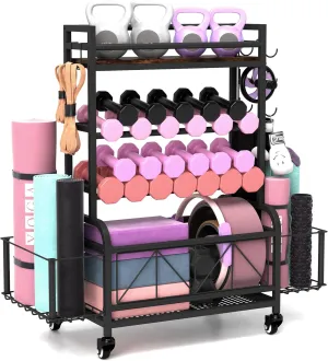 Dumbbell Rack, Home Gym Storage, Gym Storage Rack with Hooks and Wheels,Gym Equipment Storage,Weight Rack for Dumbbells for Organizing Yoga Mats, Kettlebells,Dumbbells, Foam Rollers and ball