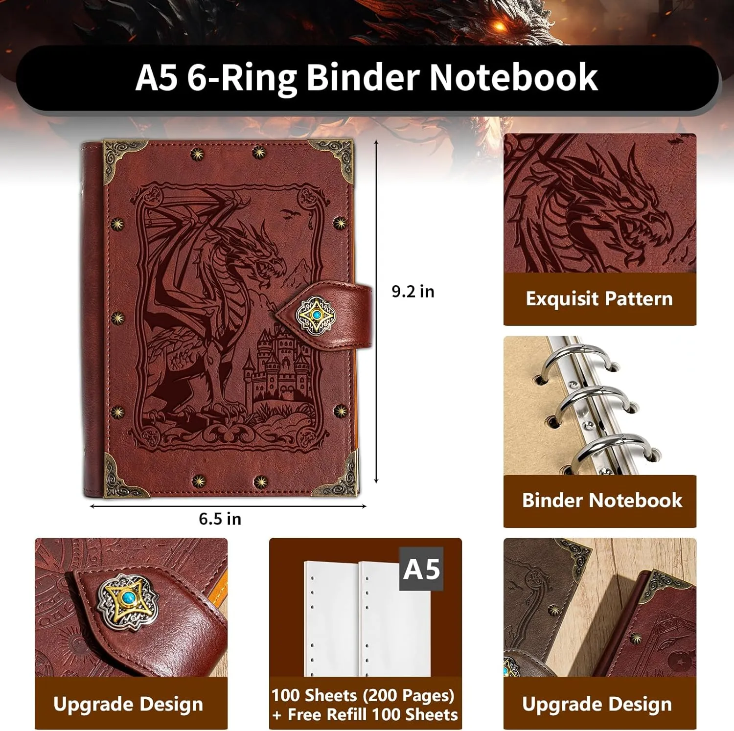 DUROTAN DND Notebook Vintage Dragon Journal Unique Refillable Binder Leather A5 400 Pages For Dungeons and Dragons Gift D&D Gifts DM Accessories Men&Women