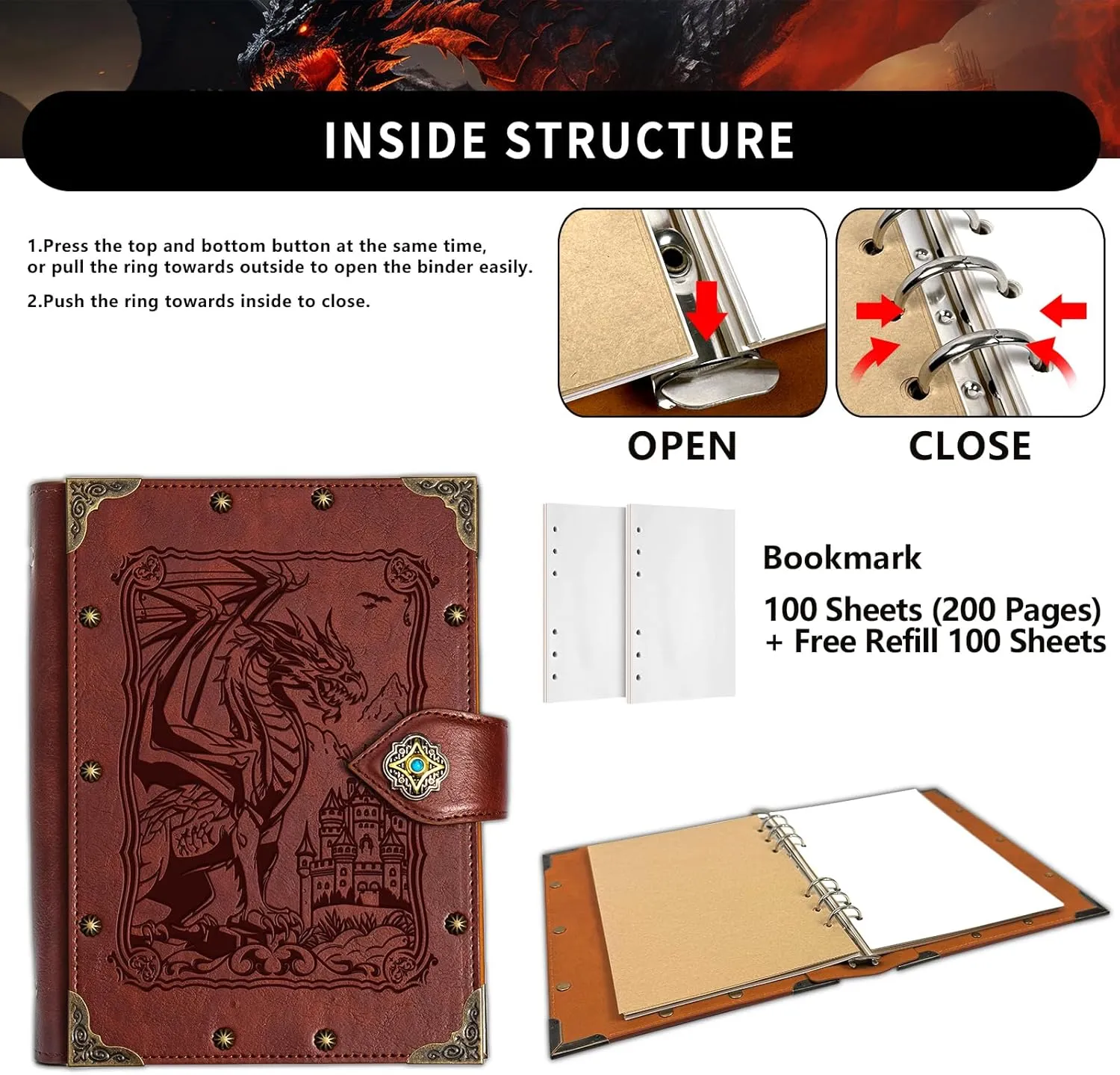 DUROTAN DND Notebook Vintage Dragon Journal Unique Refillable Binder Leather A5 400 Pages For Dungeons and Dragons Gift D&D Gifts DM Accessories Men&Women