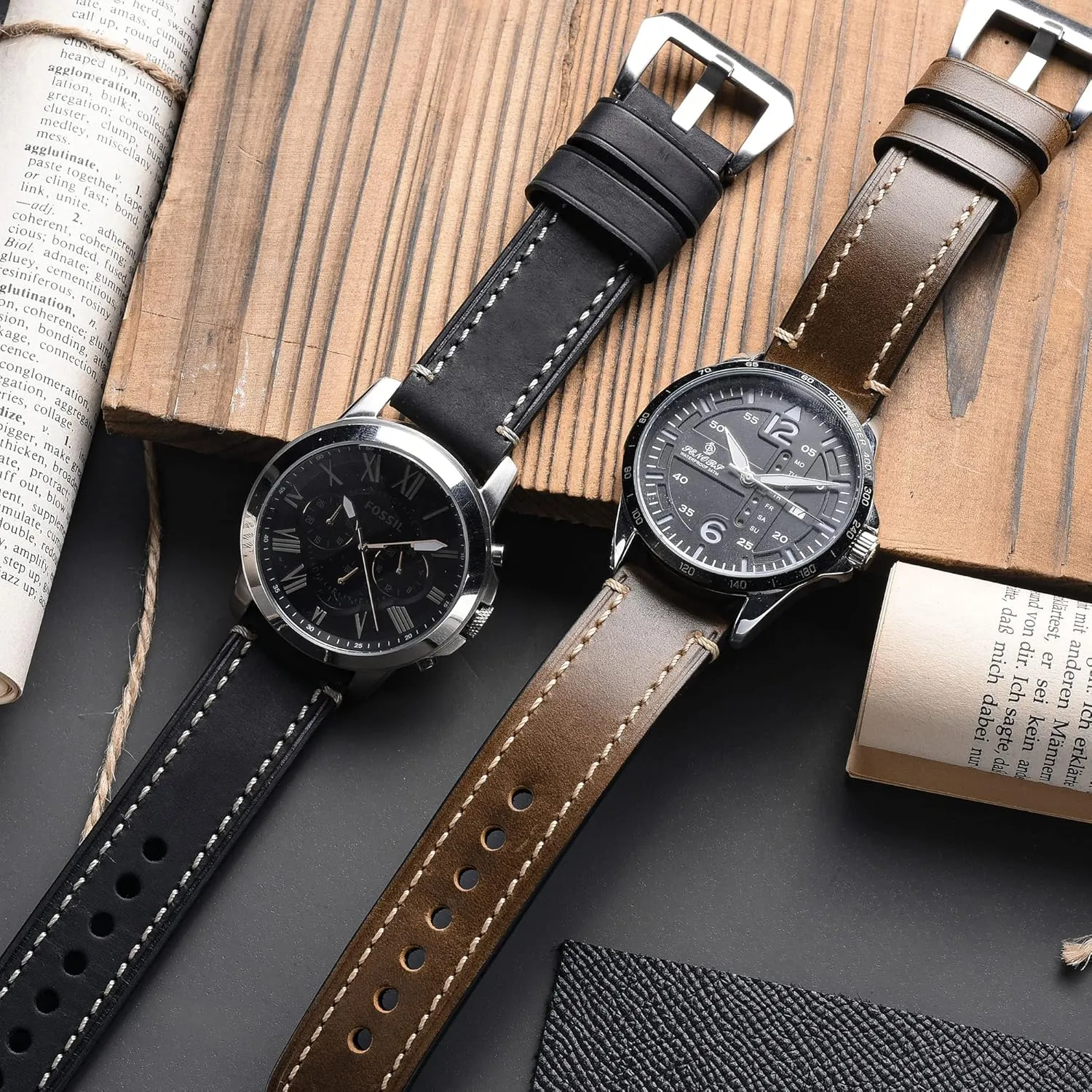 EACHE Leather Watch Bands for Men,Vintage Crazy Horse Leather & Vegetable Tanned Leather & Oil Waxed Thick Leather Watch Bands 20mm 22mm 24mm 26mm