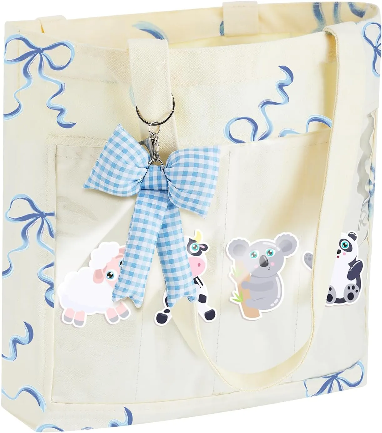 Eccliy 4 Grid Figure Tote Bag Clear Figure Display Bag with Blue Bowknot Portable Display Case for Figures Dolls