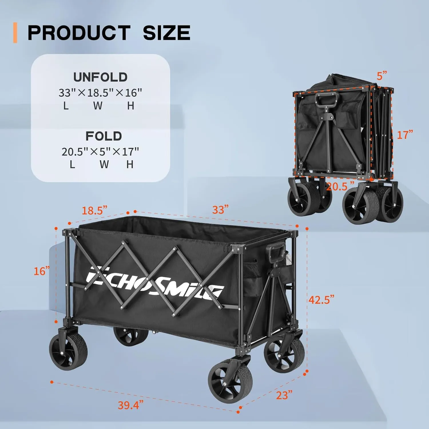 EchoSmile Collapsible Folding Wagon Cart 360lbs, Heavy Duty Garden Utility Cart with All Terrain Wheels, Large Capacity Outdoor Wagon for Camping, Beach, Shopping, Picnic (Black)
