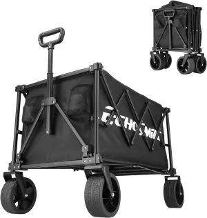 EchoSmile Collapsible Folding Wagon Cart 360lbs, Heavy Duty Garden Utility Cart with All Terrain Wheels, Large Capacity Outdoor Wagon for Camping, Beach, Shopping, Picnic (Black)