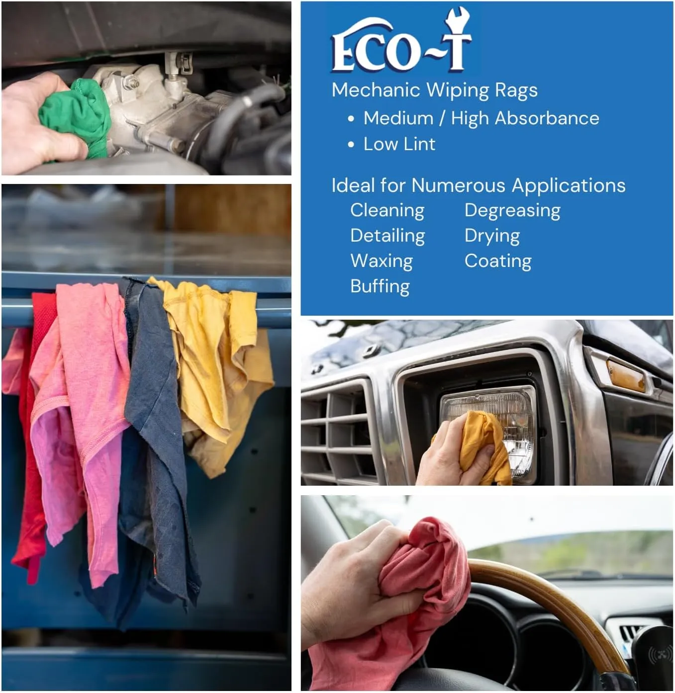 Eco-T Mechanic Shop Rags - Colored T-Shirt Material, 100% Recycled, Eco-Friendly, High Absorbency, Low Lint, Low-Cost, Industrial Use Wiping Cloth (4 Lb Bag)