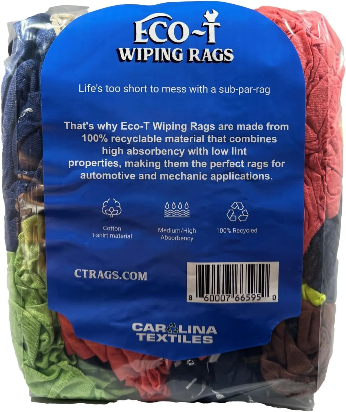 Eco-T Mechanic Shop Rags - Colored T-Shirt Material, 100% Recycled, Eco-Friendly, High Absorbency, Low Lint, Low-Cost, Industrial Use Wiping Cloth (4 Lb Bag)