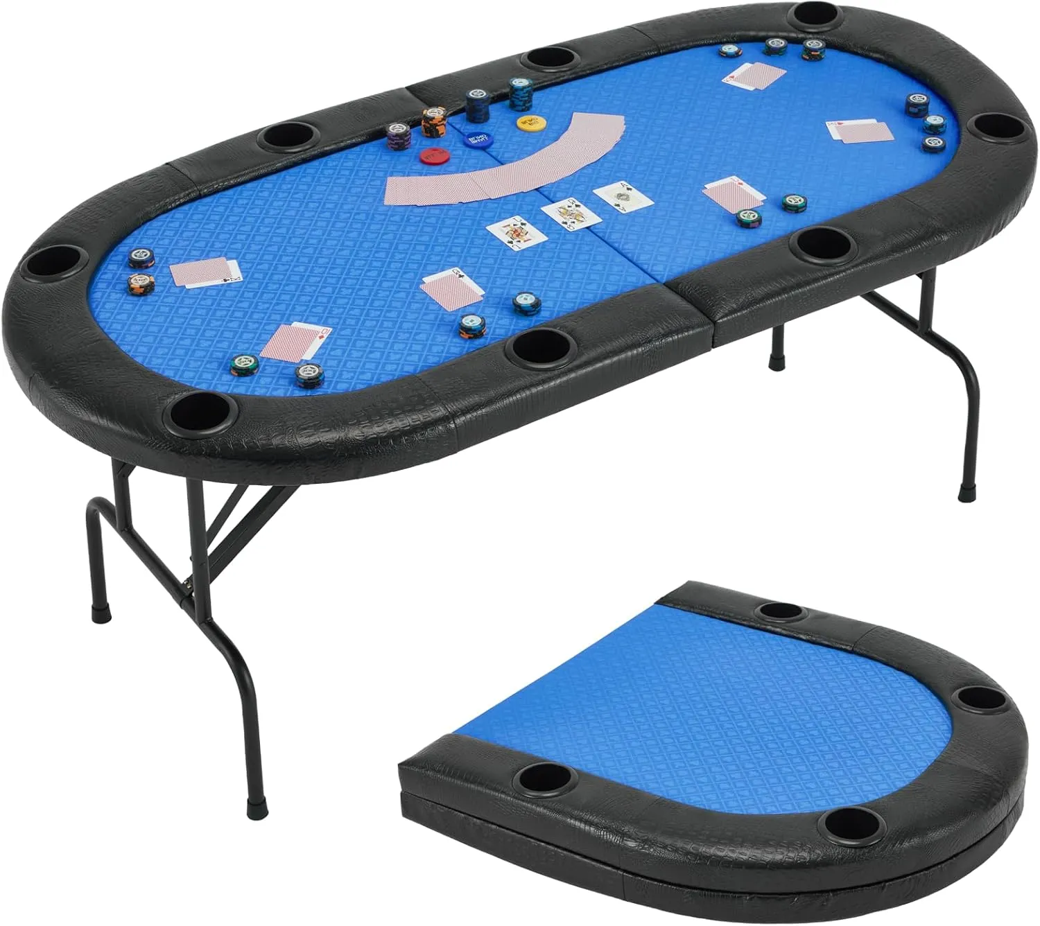 ECOTOUGE Poker Table Foldable, 8 Players Gaming Table w/Portable Oxford Bag, Folding Oval Texas Holdem Table with Stylish Padded Rails for Casino Leisure Game, No Assembly Required, Blue