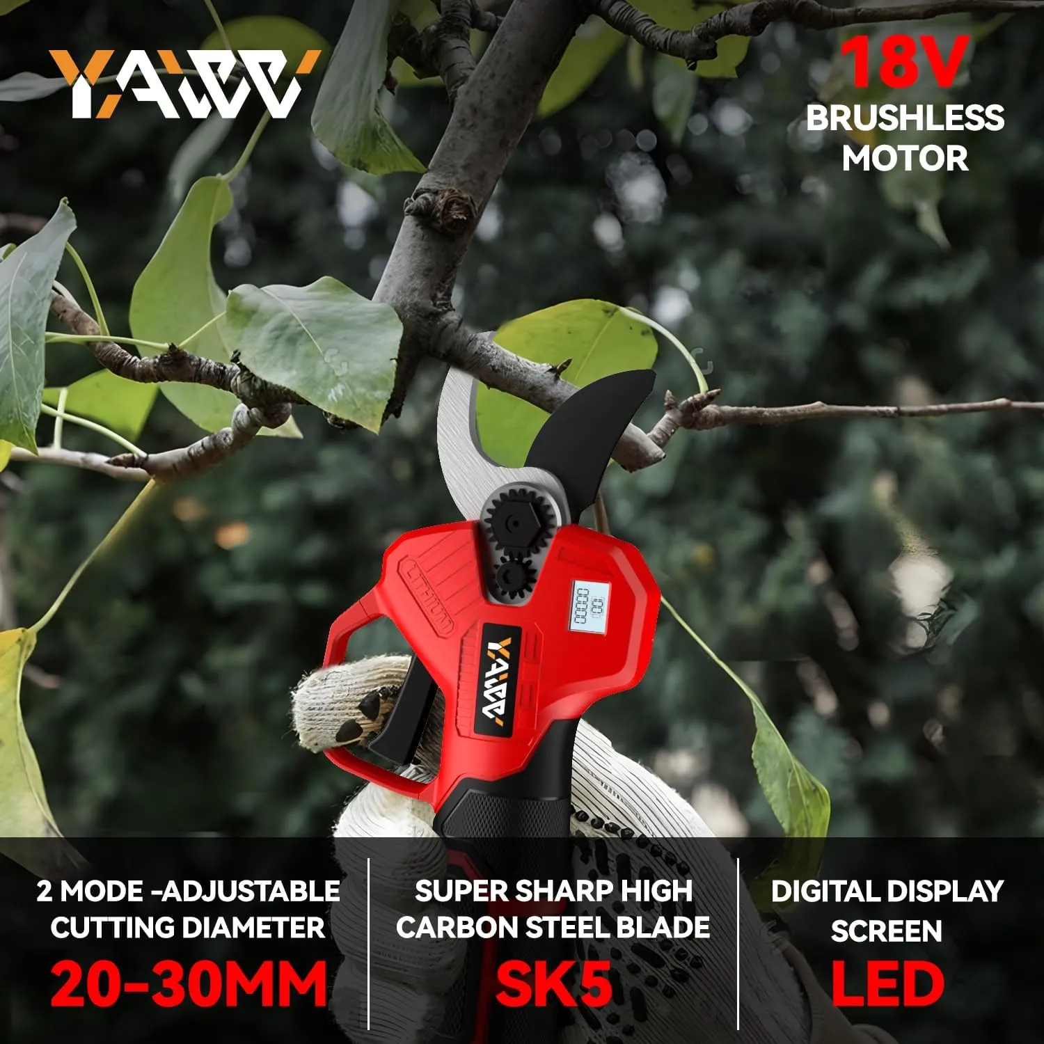 Electric Pruning Shears for Milwaukee M18 Battery, Portable Cordless Pruning Shears with LCD Display＆SK5 Blades, Adjustable Cutting Diameter 0.8-1.2 Inch for Gardening Tree Pruning(NO Battery)