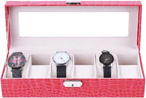 Elegant Large Watch Box Organizer for Men Women with 6 Slots, Transparent top, Portable Leather Watch Holder Mens Watches Case Storage Best Gift for The Husband, (Pink,30x 11 x 8cm)
