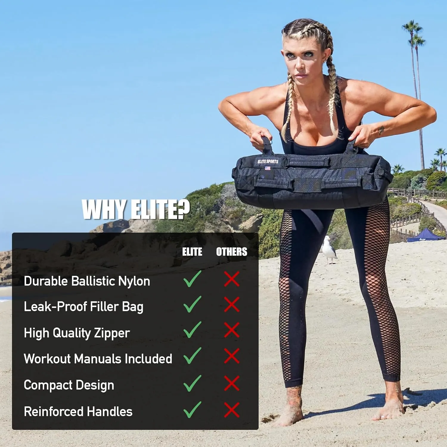 Elite Sports Workout Sandbag for Versatile, Intensive Core Muscles Fitness, Strength Training with Strategic Handle Placement (Unfilled)