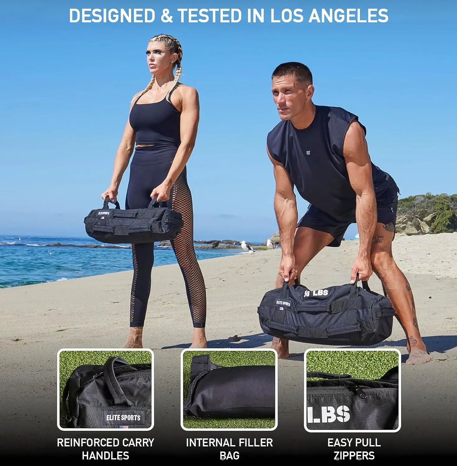 Elite Sports Workout Sandbag for Versatile, Intensive Core Muscles Fitness, Strength Training with Strategic Handle Placement (Unfilled)
