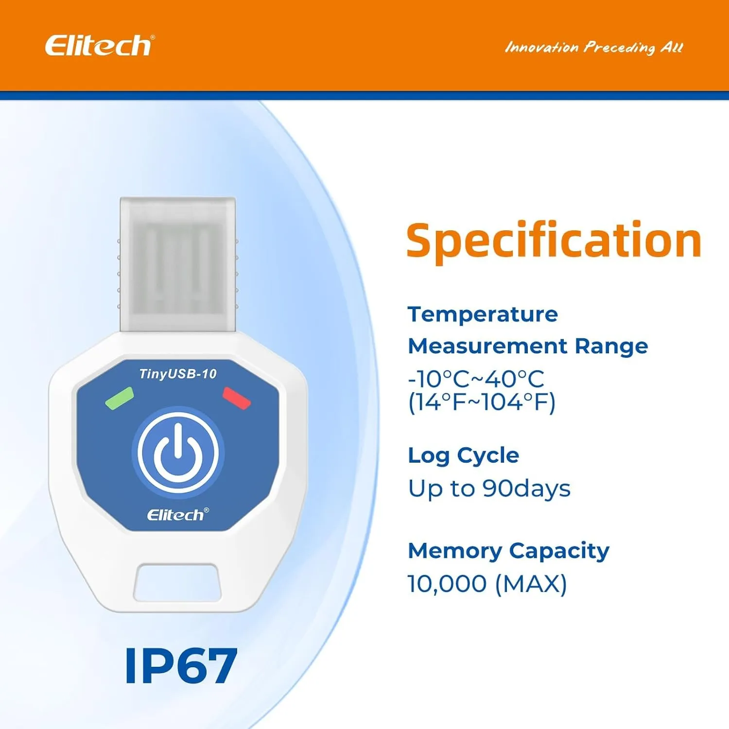 Elitech 10 Pack 90 Days USB Temperature Data Logger Single-Use Cold Chain Monitor (CCM) in-Transit Trip Disposable Temperature Recorder PDF Report TinyUSB 14～104℉, Defult UTC-0