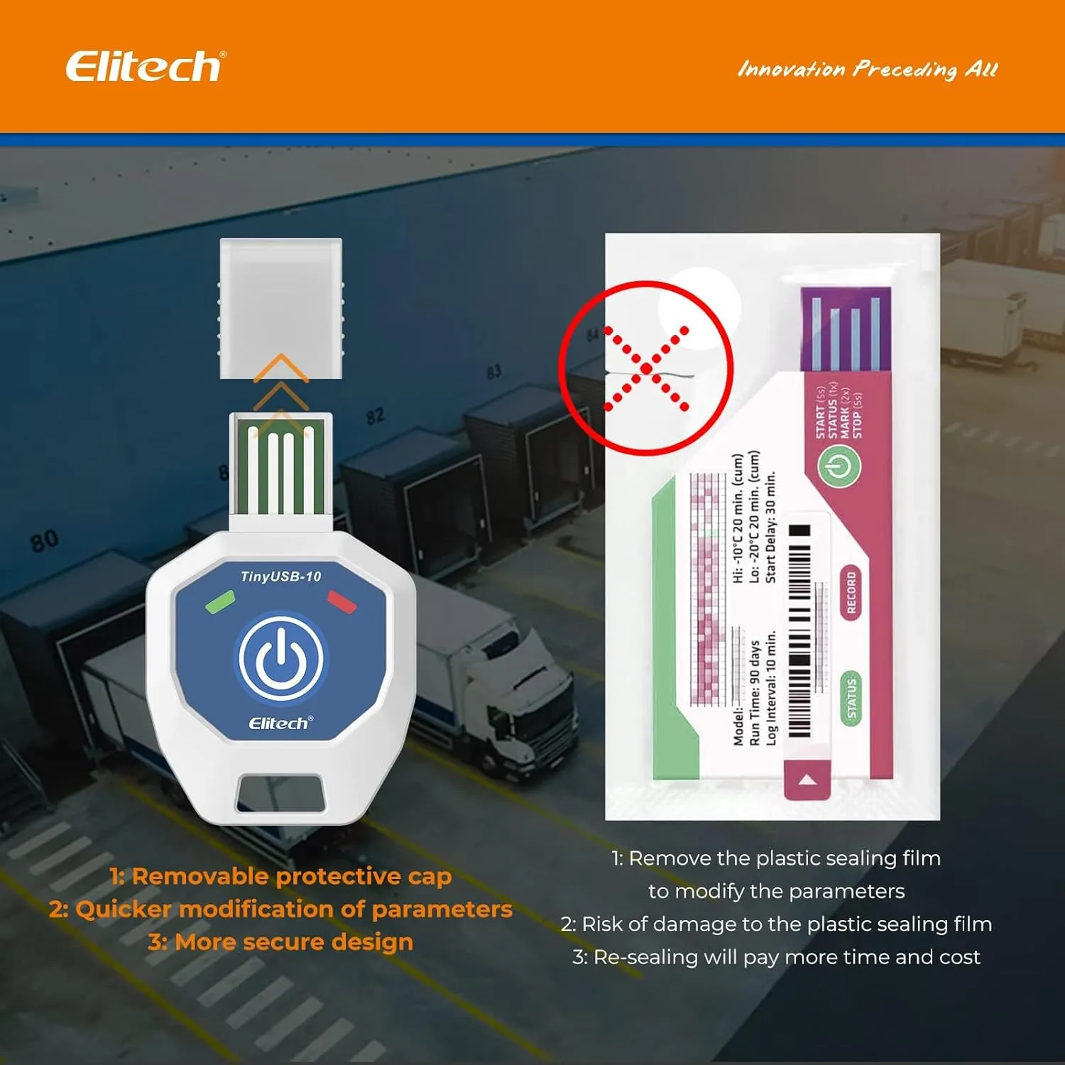 Elitech 10 Pack 90 Days USB Temperature Data Logger Single-Use Cold Chain Monitor (CCM) in-Transit Trip Disposable Temperature Recorder PDF Report TinyUSB 14～104℉, Defult UTC-0
