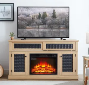 Embossed Pattern TV Stand with Cozy Fireplace Insert, Spacious Storage & Elegant Design for Living Room or Bedroom, Light Oak Finish