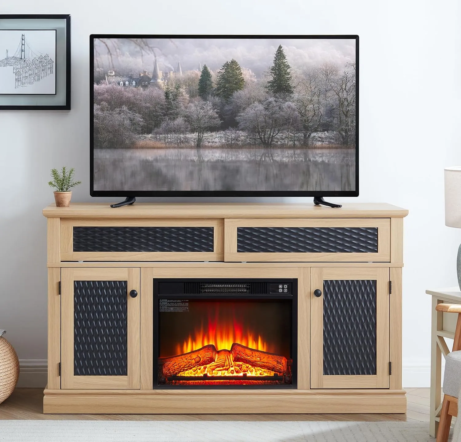 Embossed Pattern TV Stand with Cozy Fireplace Insert, Spacious Storage & Elegant Design for Living Room or Bedroom, Light Oak Finish