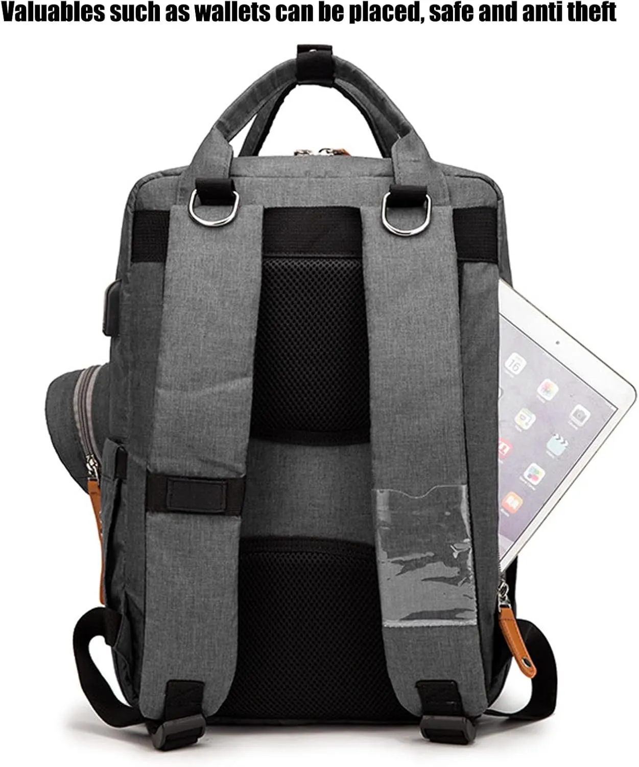 Embroidered Diaper Backpack 20L Large Capacity with USB Interface Water Oxford Fabric Bottle Compartment for Mom (Gray)