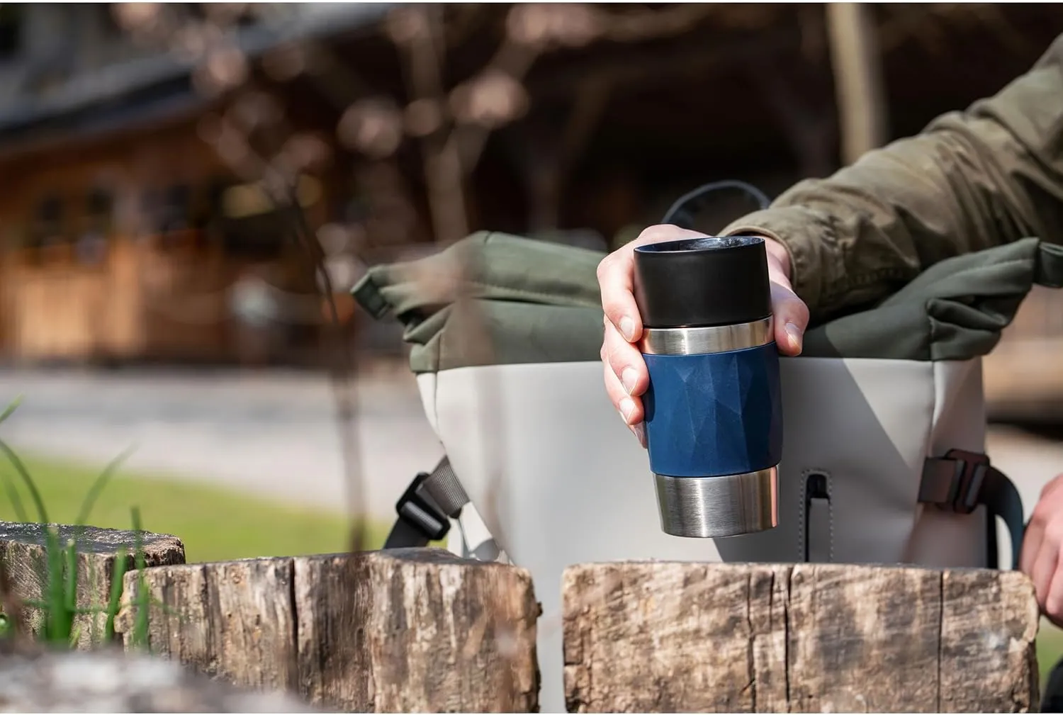 Emsa N21608 Travel Mug Compact Thermal/Insulated Mug Stainless Steel 0.3 Litres 3 Hours Hot 6 Hours Cold BPA Free 100% Leak-Proof Dishwasher Safe 360° Drinking Opening Dark Blue