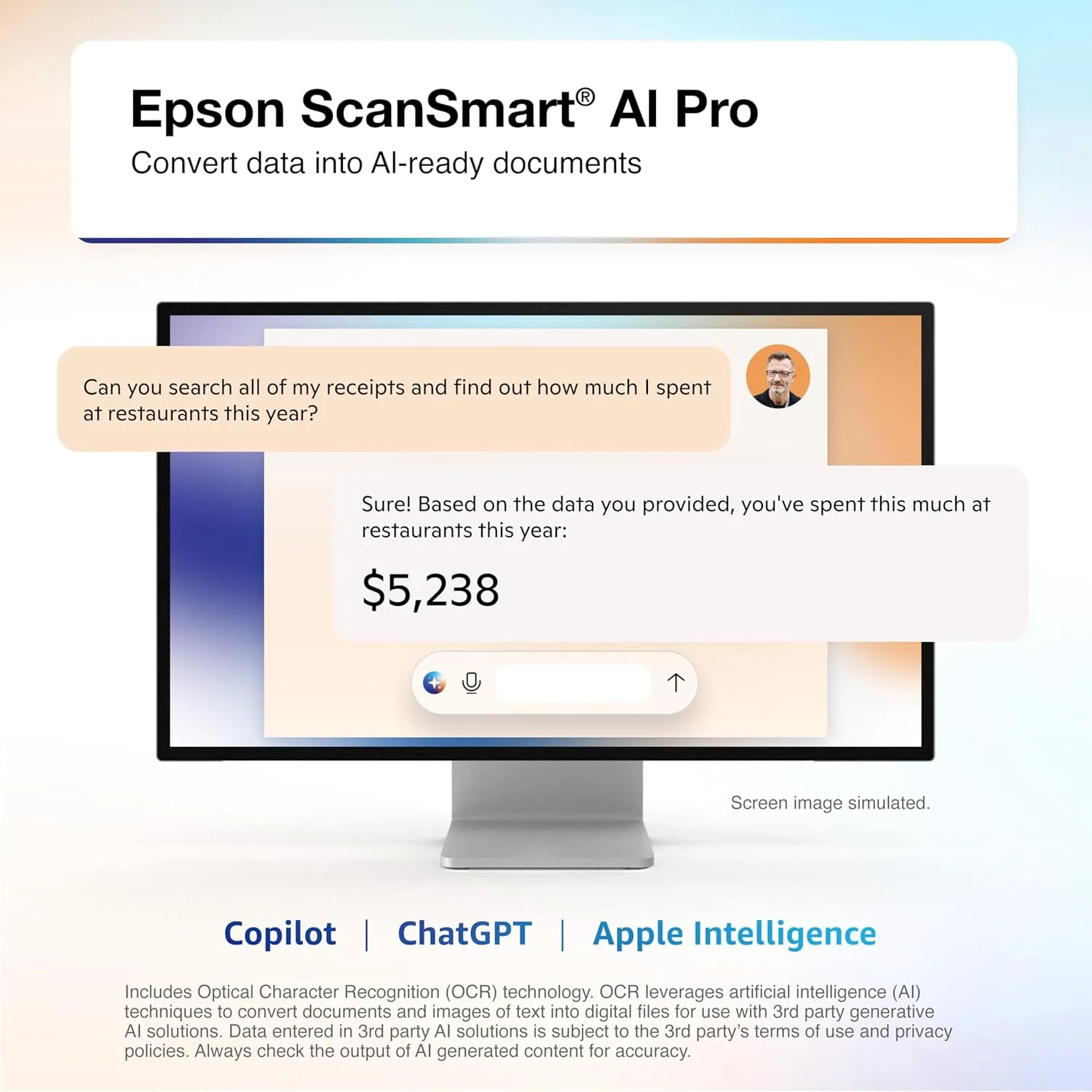 Epson RapidReceipt RR-70W Wireless Mobile Color Receipt & Document Scanner with ScanSmart AI PRO Receipt Management & PDF Software for PC & Mac