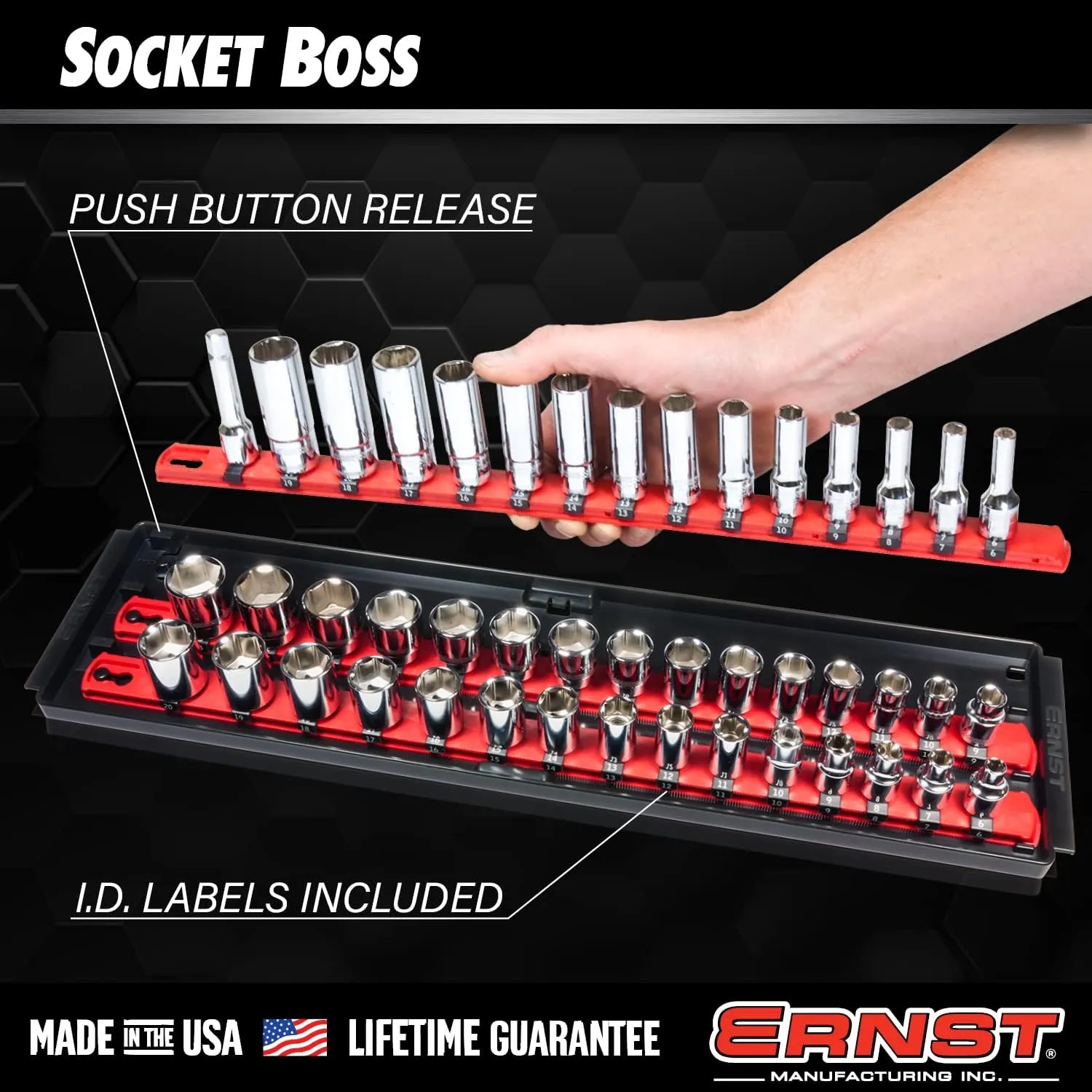 Ernst Manufacturing 18-Inch Socket Boss - Premium 3-Rail Multi-Drive (1/4", 3/8", 1/2") Socket Organizers w Twist Lock Clips, Socket Set Holder for 57 Tools - SAE & Metric - Red (8450) - Made in USA
