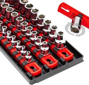 Ernst Manufacturing 18-Inch Socket Boss - Premium 3-Rail Multi-Drive (1/4", 3/8", 1/2") Socket Organizers w Twist Lock Clips, Socket Set Holder for 57 Tools - SAE & Metric - Red (8450) - Made in USA