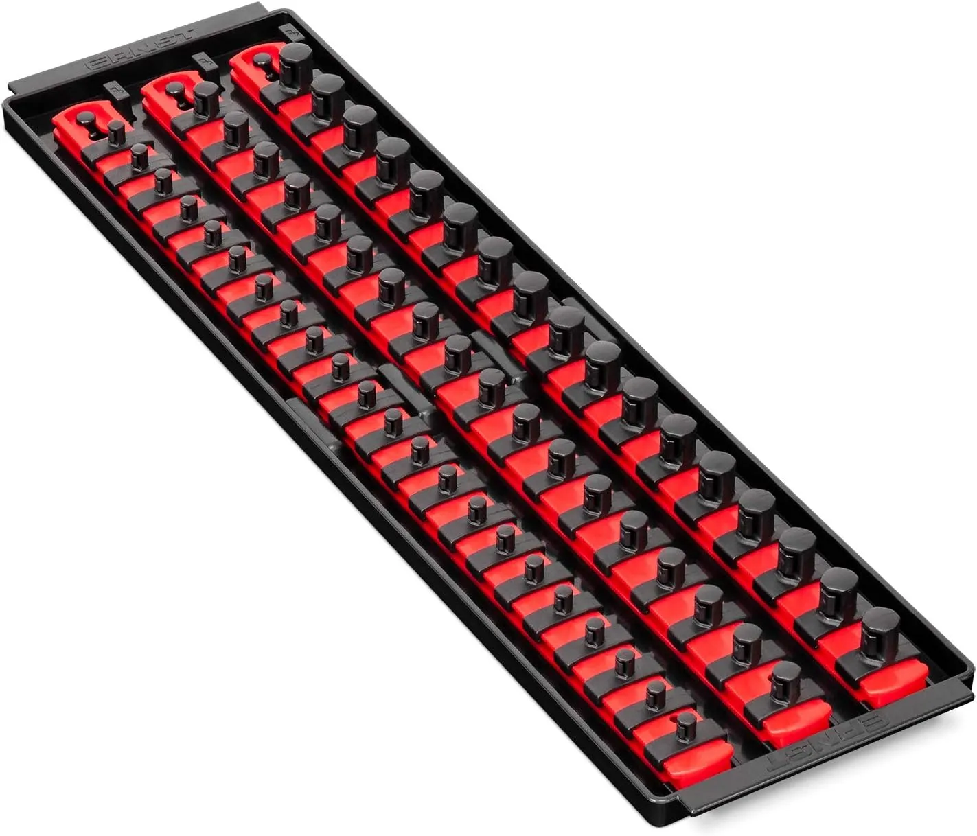 Ernst Manufacturing 18-Inch Socket Boss - Premium 3-Rail Multi-Drive (1/4", 3/8", 1/2") Socket Organizers w Twist Lock Clips, Socket Set Holder for 57 Tools - SAE & Metric - Red (8450) - Made in USA