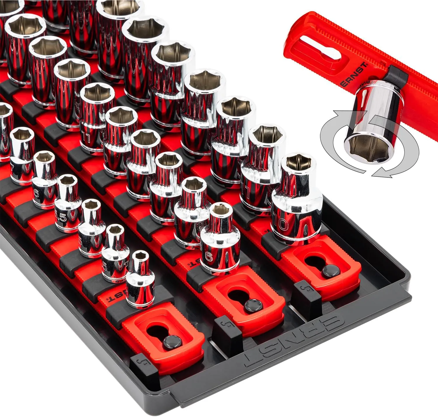 Ernst Manufacturing 18-Inch Socket Boss - Premium 3-Rail Multi-Drive (1/4", 3/8", 1/2") Socket Organizers w Twist Lock Clips, Socket Set Holder for 57 Tools - SAE & Metric - Red (8450) - Made in USA