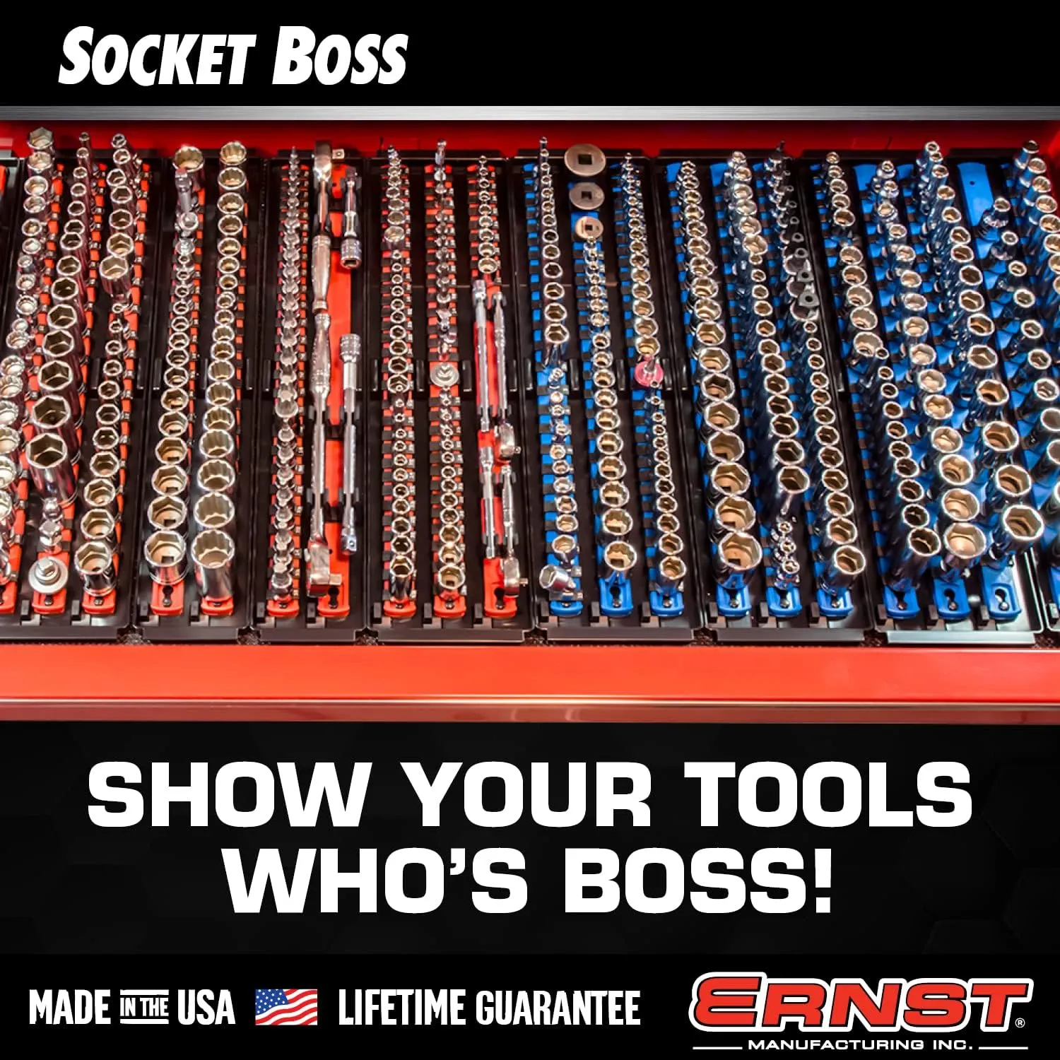 Ernst Manufacturing 18-Inch Socket Boss - Premium 3-Rail Multi-Drive (1/4", 3/8", 1/2") Socket Organizers w Twist Lock Clips, Socket Set Holder for 57 Tools - SAE & Metric - Red (8450) - Made in USA