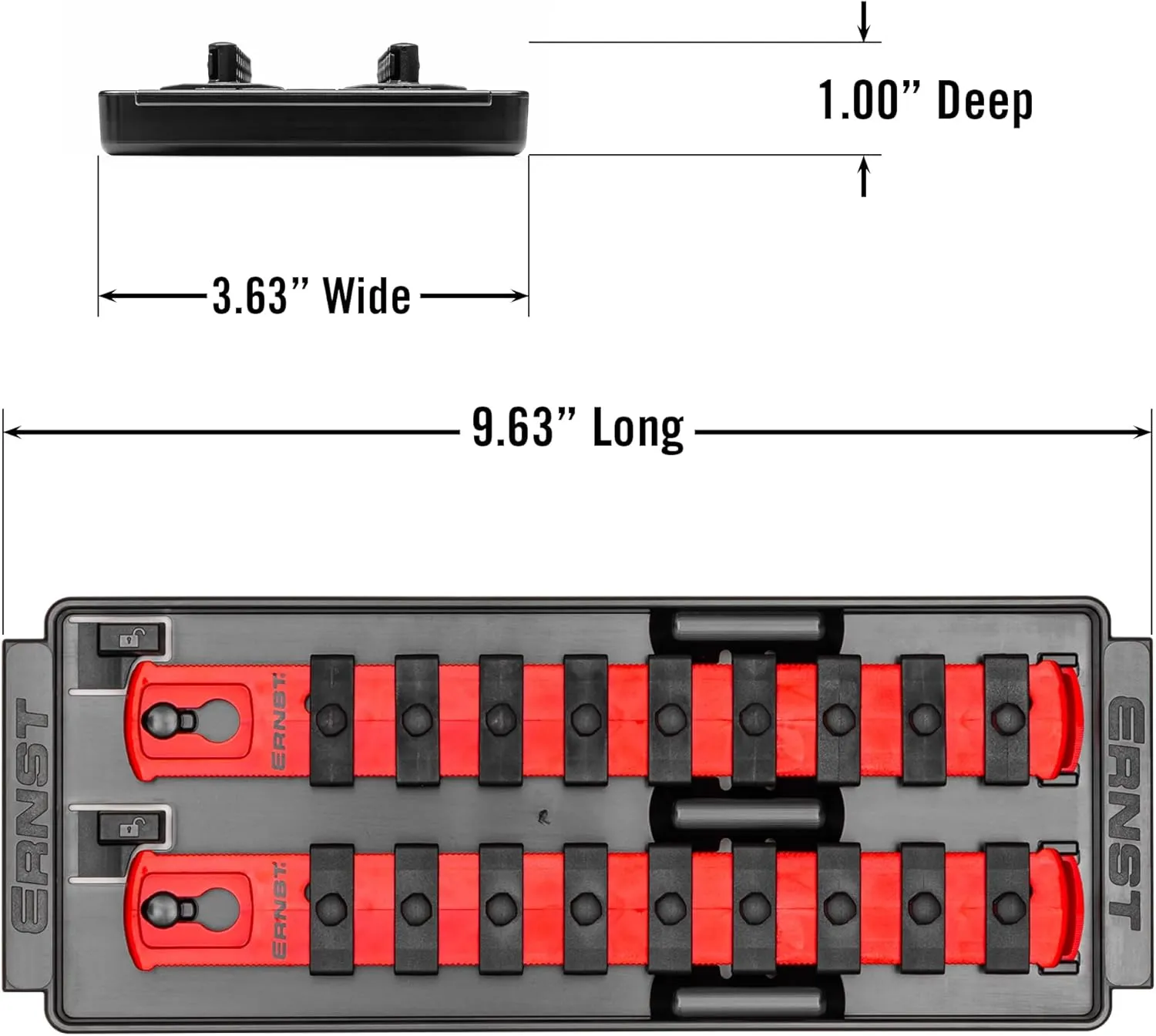 Ernst Manufacturing 8-Inch Socket Boss, 2-Rail Socket Tray, Red - 1/4" Drive Twist-Lock Organizer, Made in the USA