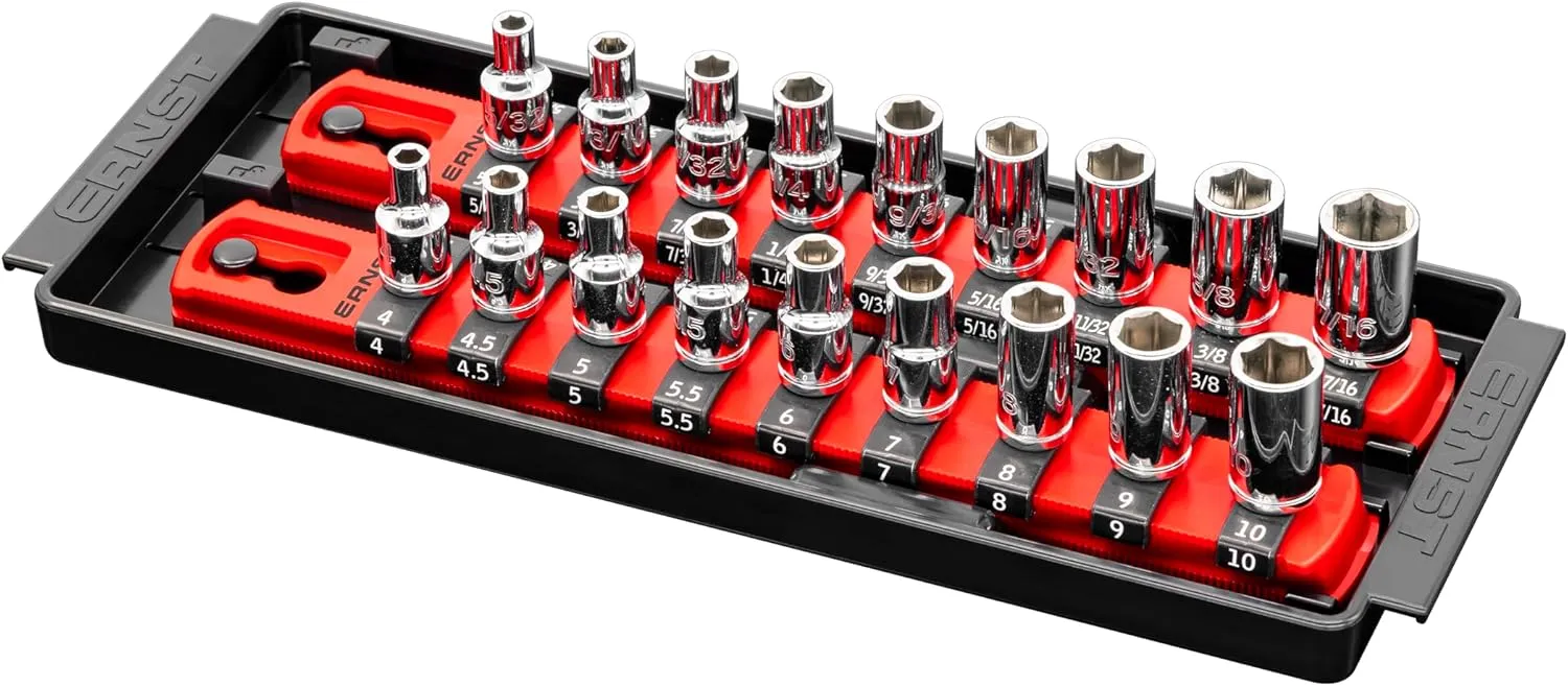 Ernst Manufacturing 8-Inch Socket Boss, 2-Rail Socket Tray, Red - 1/4" Drive Twist-Lock Organizer, Made in the USA