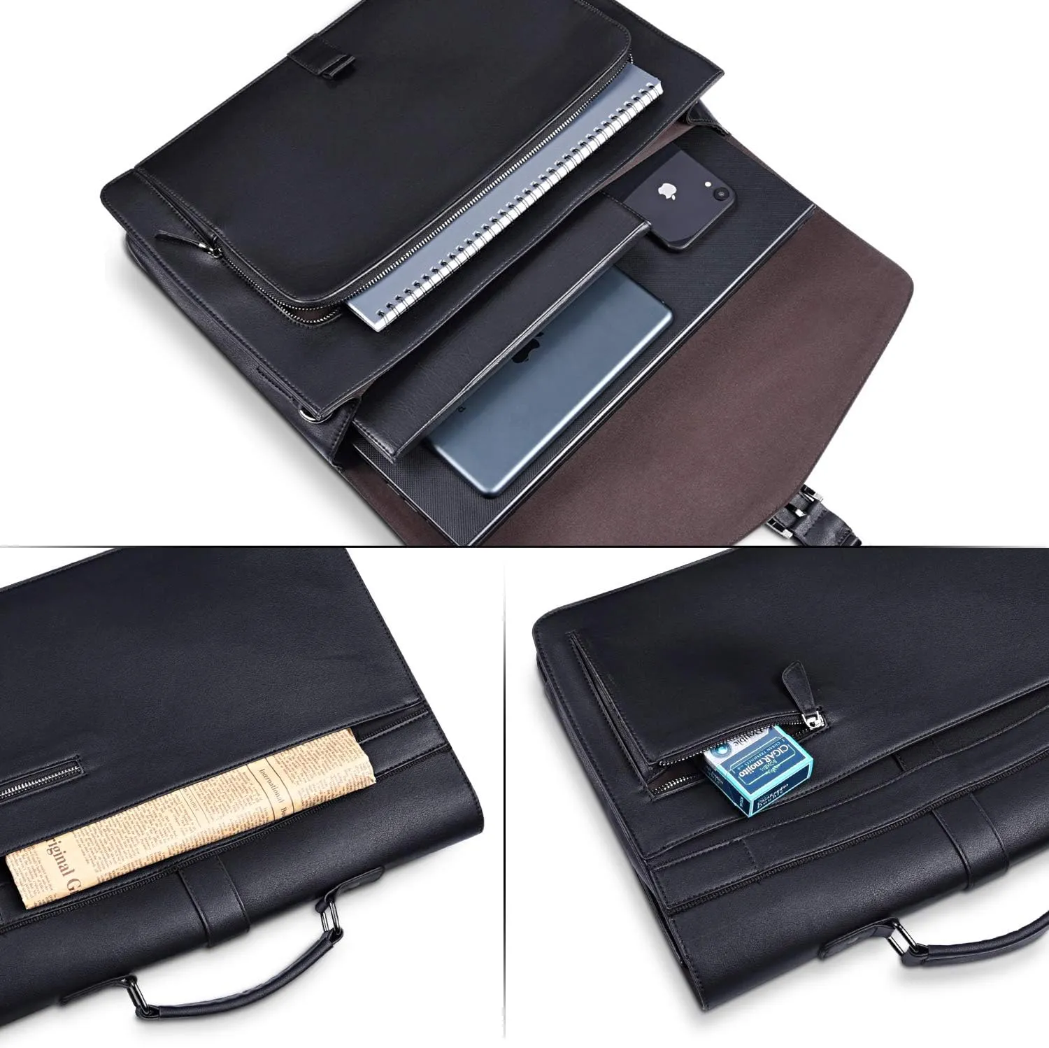 ESTARER Men's Leather Briefcase for Travel/Office/Business 15.6 Inch Laptop Messenger Bag, Black