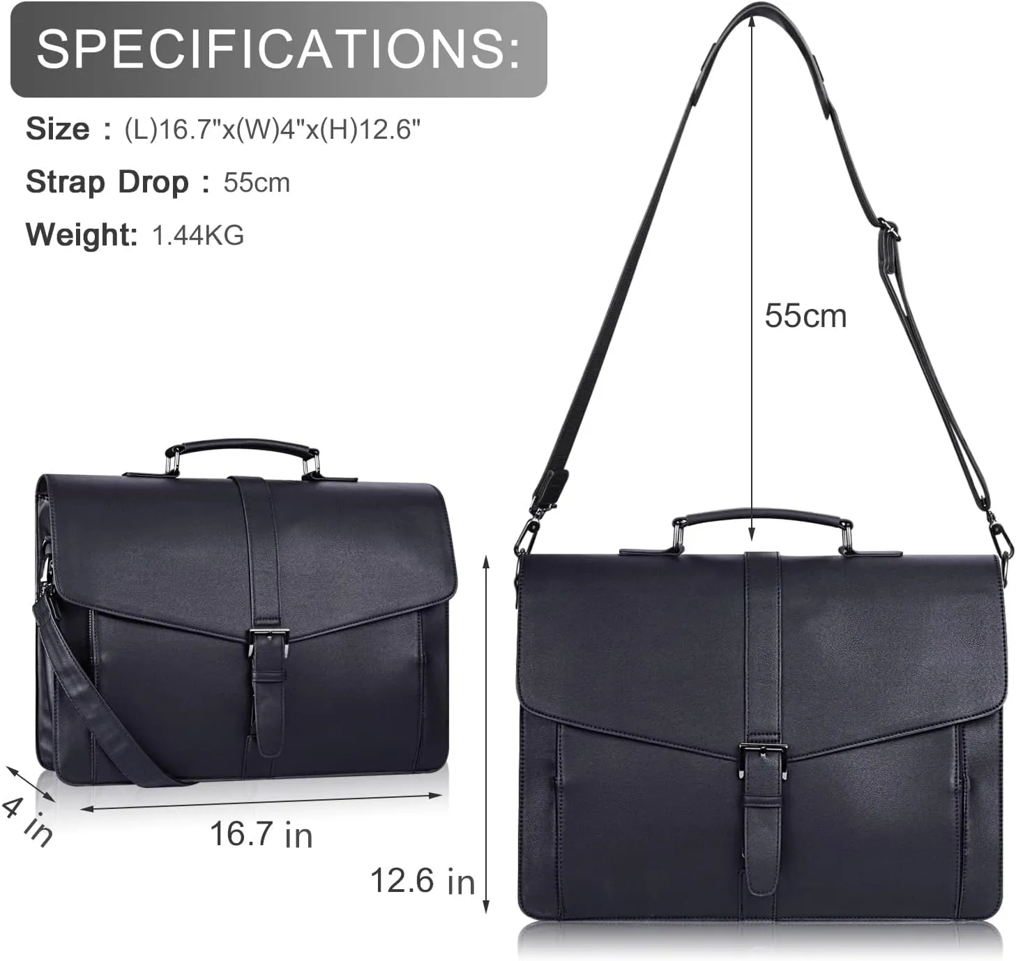 ESTARER Men's Leather Briefcase for Travel/Office/Business 15.6 Inch Laptop Messenger Bag, Black