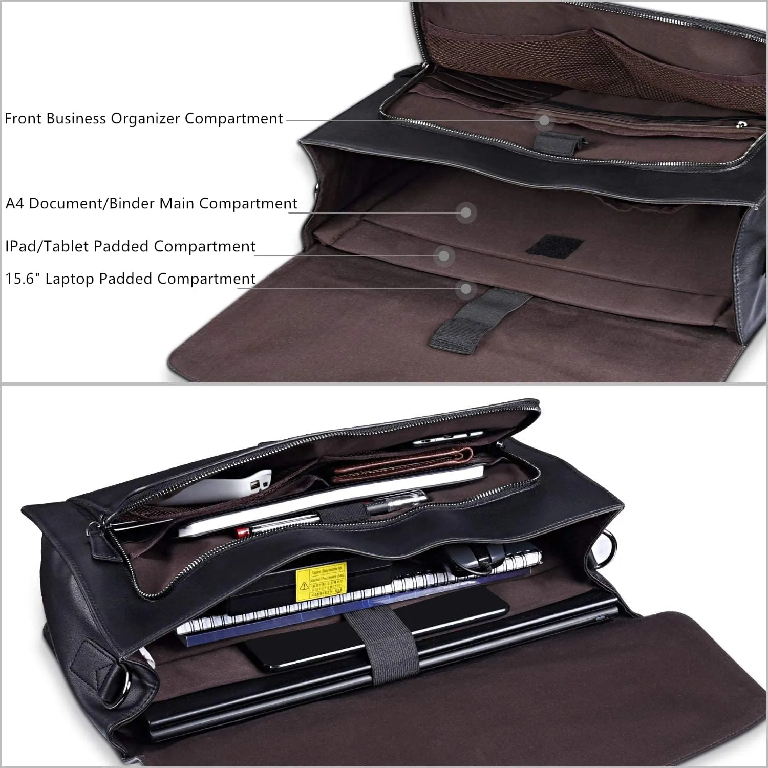 ESTARER Men's Leather Briefcase for Travel/Office/Business 15.6 Inch Laptop Messenger Bag, Black