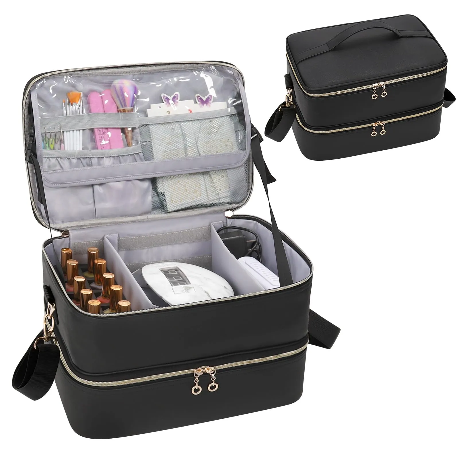 Ethereal Nail Polish Organizer Case, Leather Nail Polish Bag Holds 50  Bottles (5ml/0.5fl.oz) and Nail Lamp, Nail Storage Organizer with Compartment, Leather Black